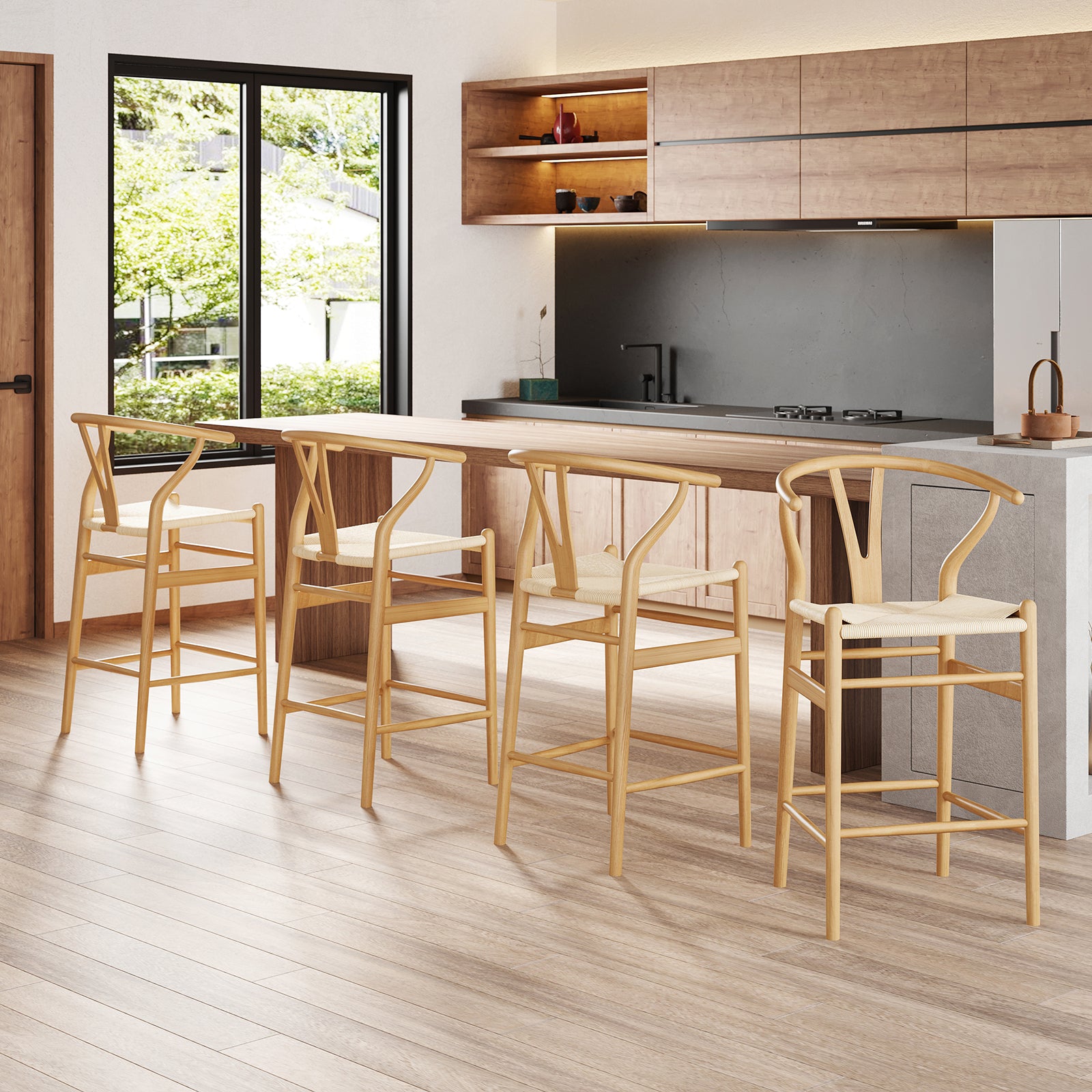 Wishbone Counter Height Barstool with Woven Seat