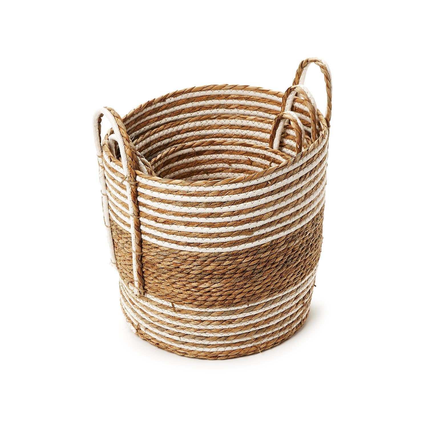 Hand-Woven Water Hyacinth and Cotton Baskets, Set of 3