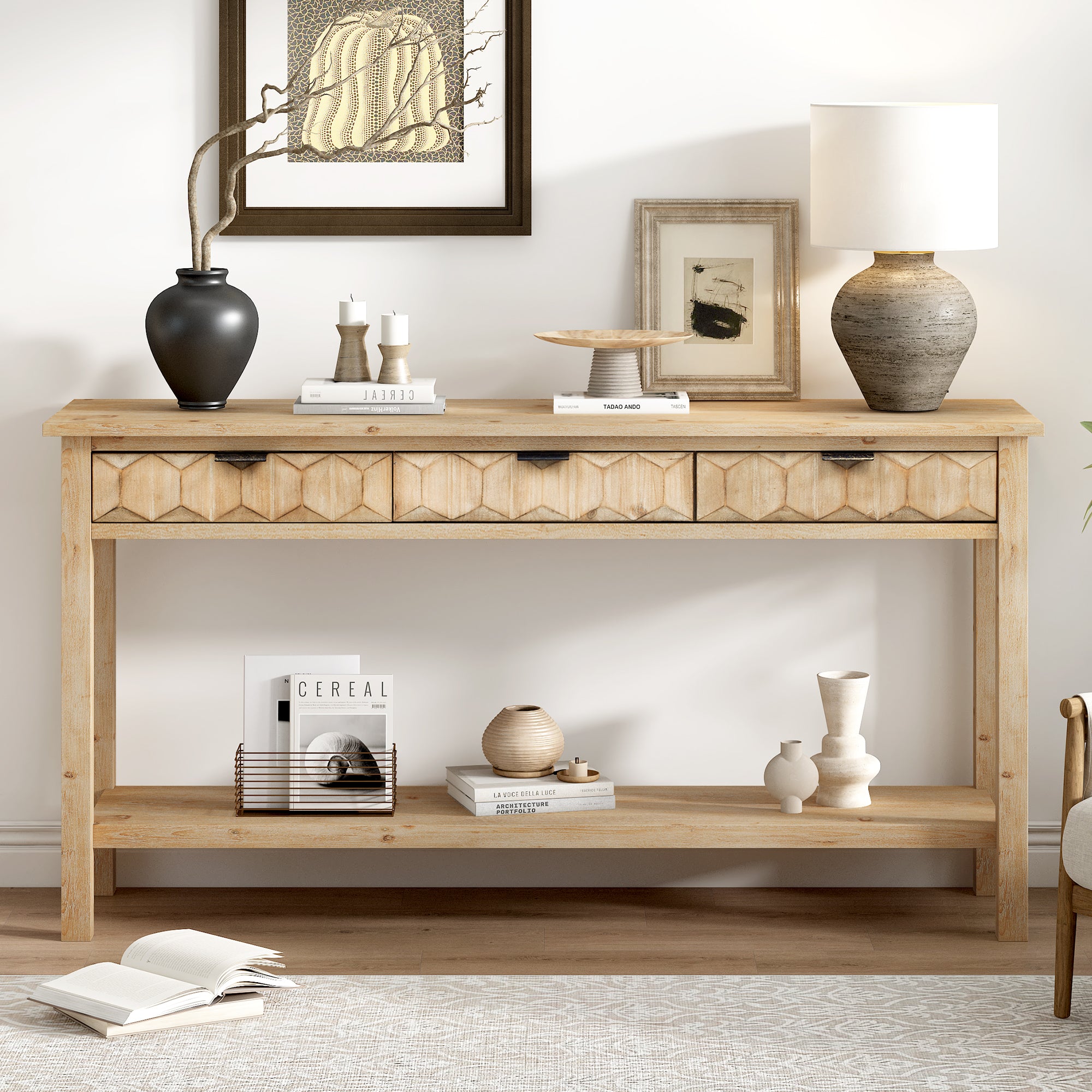 Honeycomb Pattern Console Table with 3 Drawers