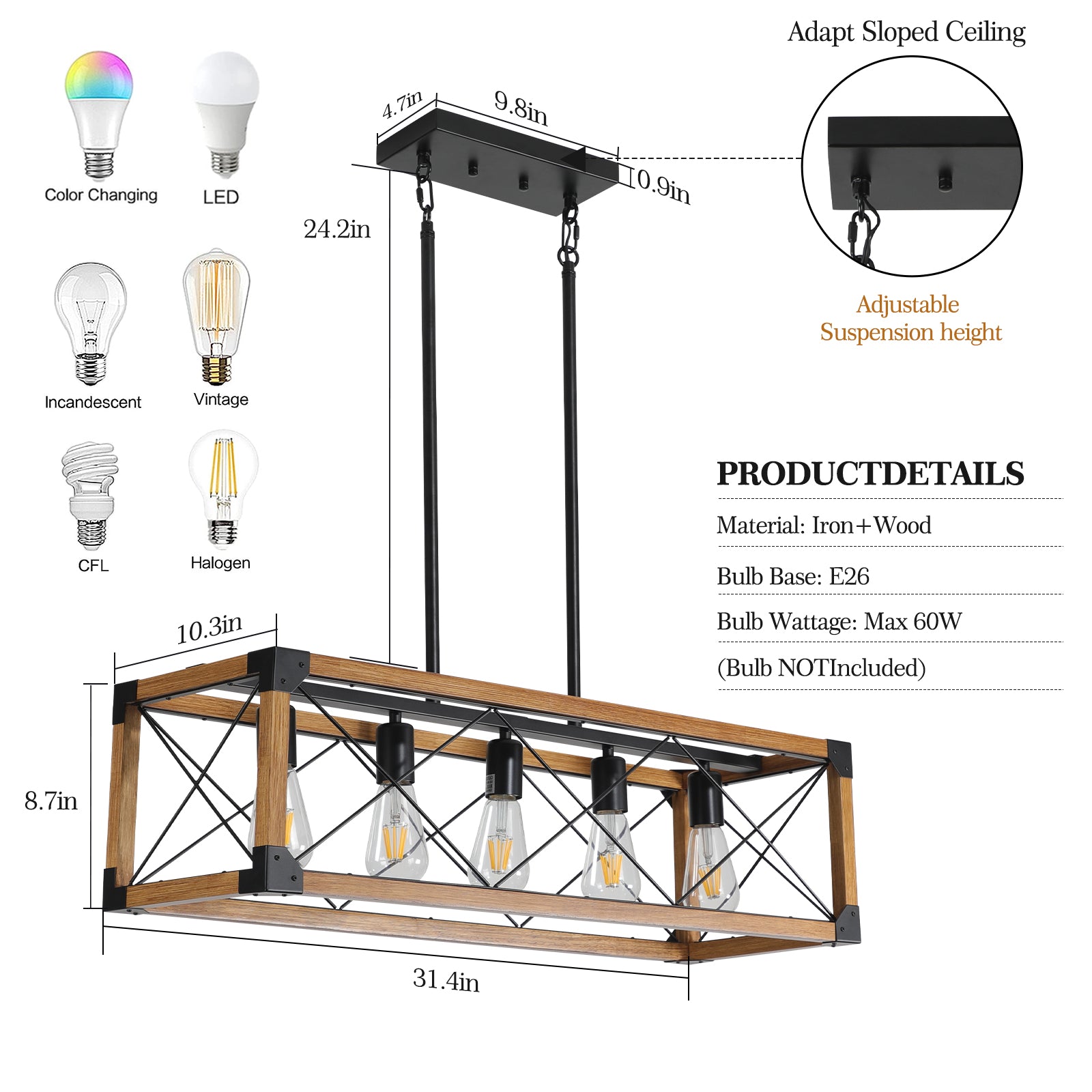 32" Rectangle Pendant Light with 5 Lights and Adjustable Height Boom