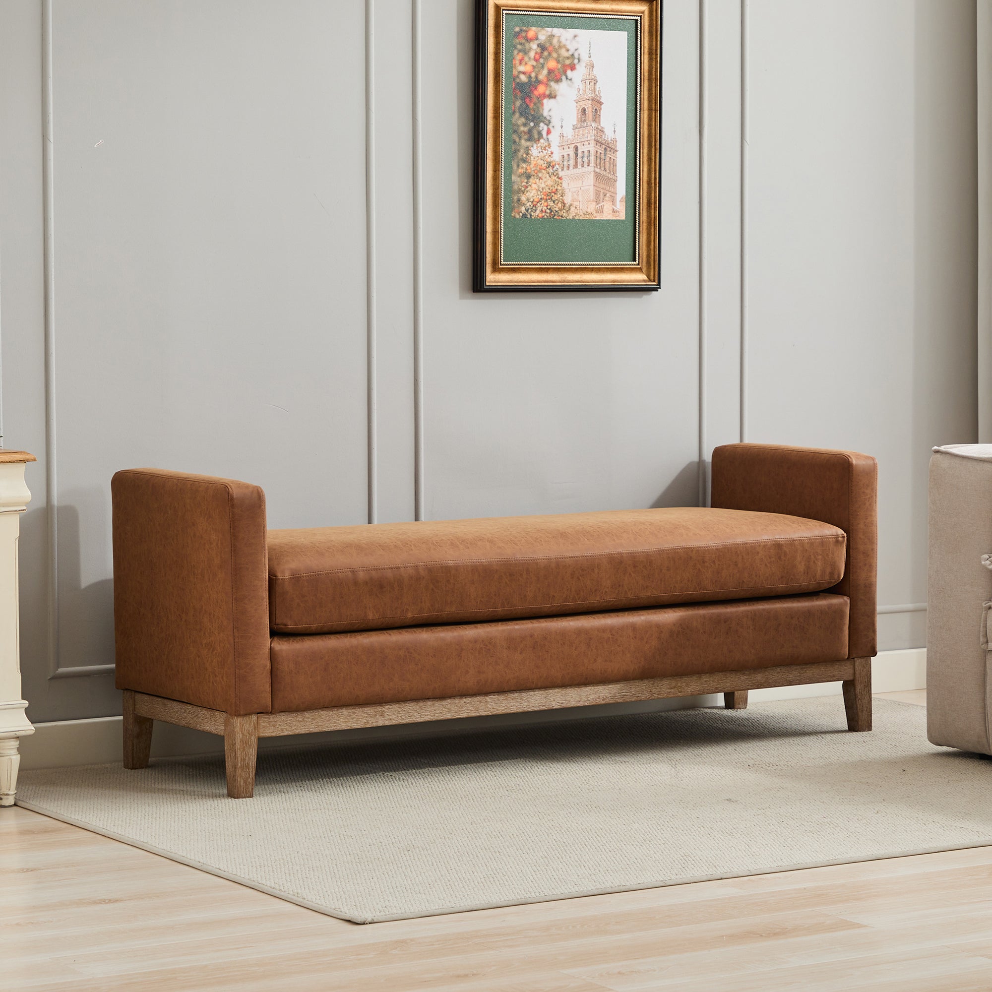 Upholstered Bench with Wood Legs and Two Bolster Pillows