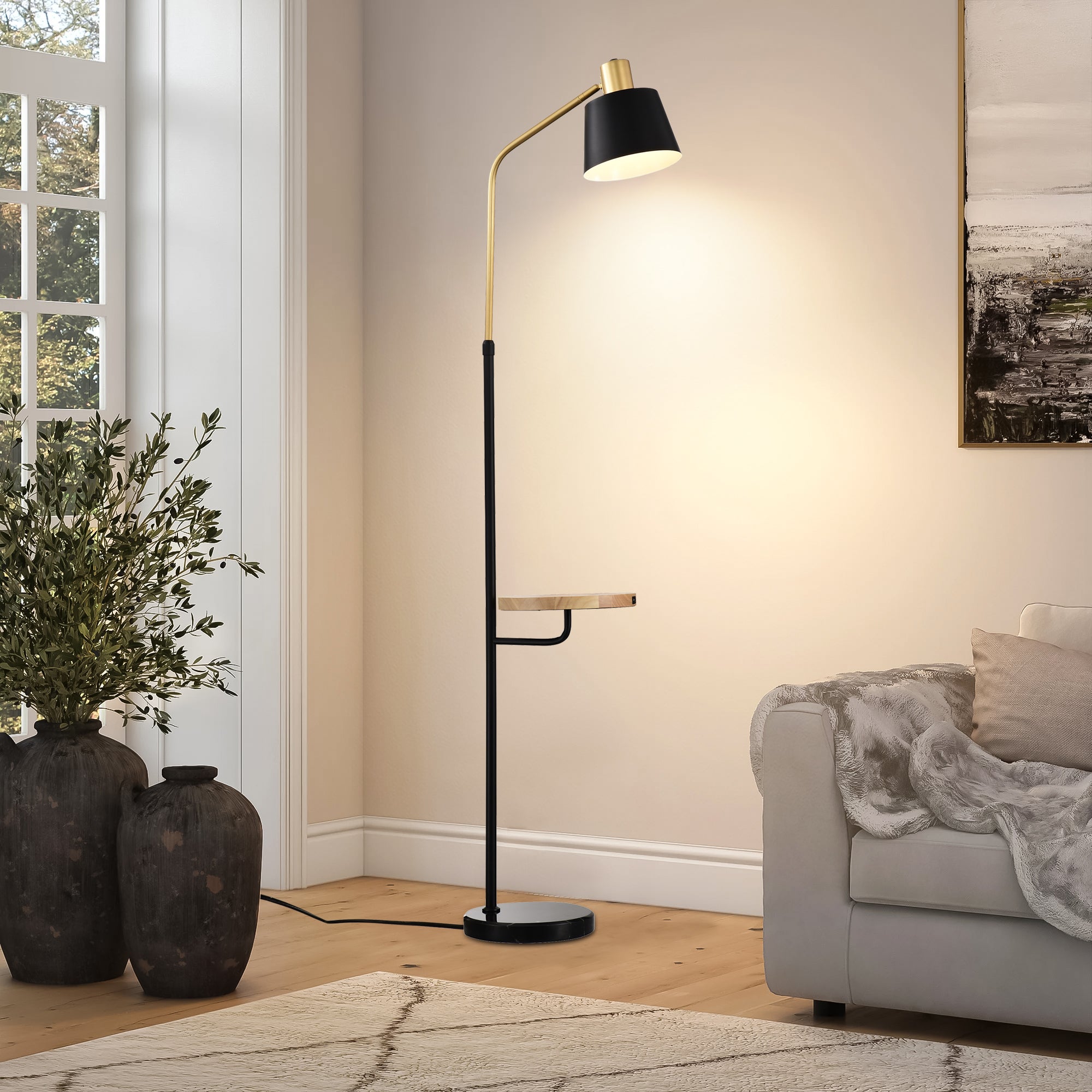 Floor Lamp with Wood Table and Built-in USB Charging Port