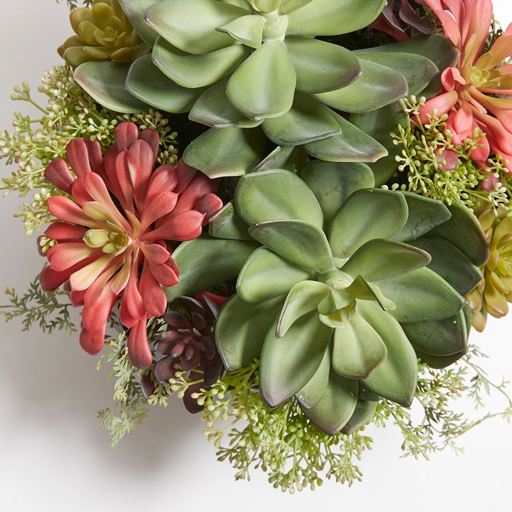 Faux Round Succulent Arrangement in modern gray pot with a variety of fake succulents with different colors, styles, and textures to leave you wondering - is this real or fake?