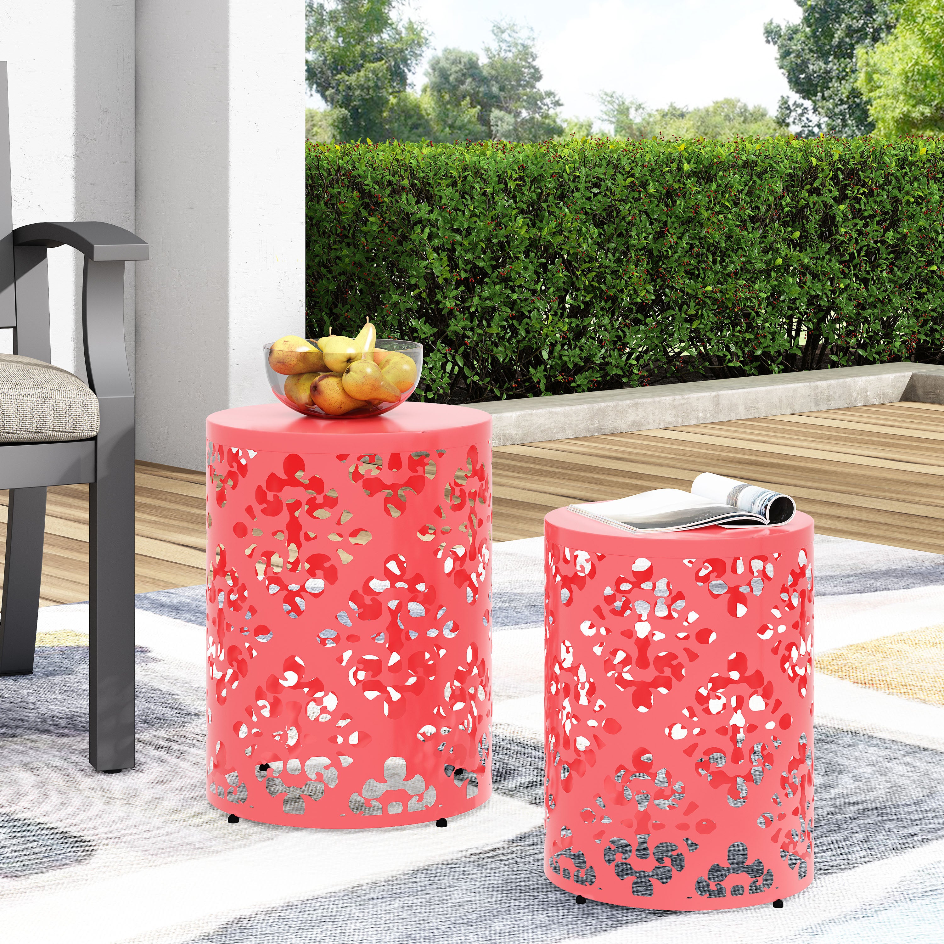 Refinery 2-Piece Outdoor End Table Set with Floral Patten and Iron Cut Design