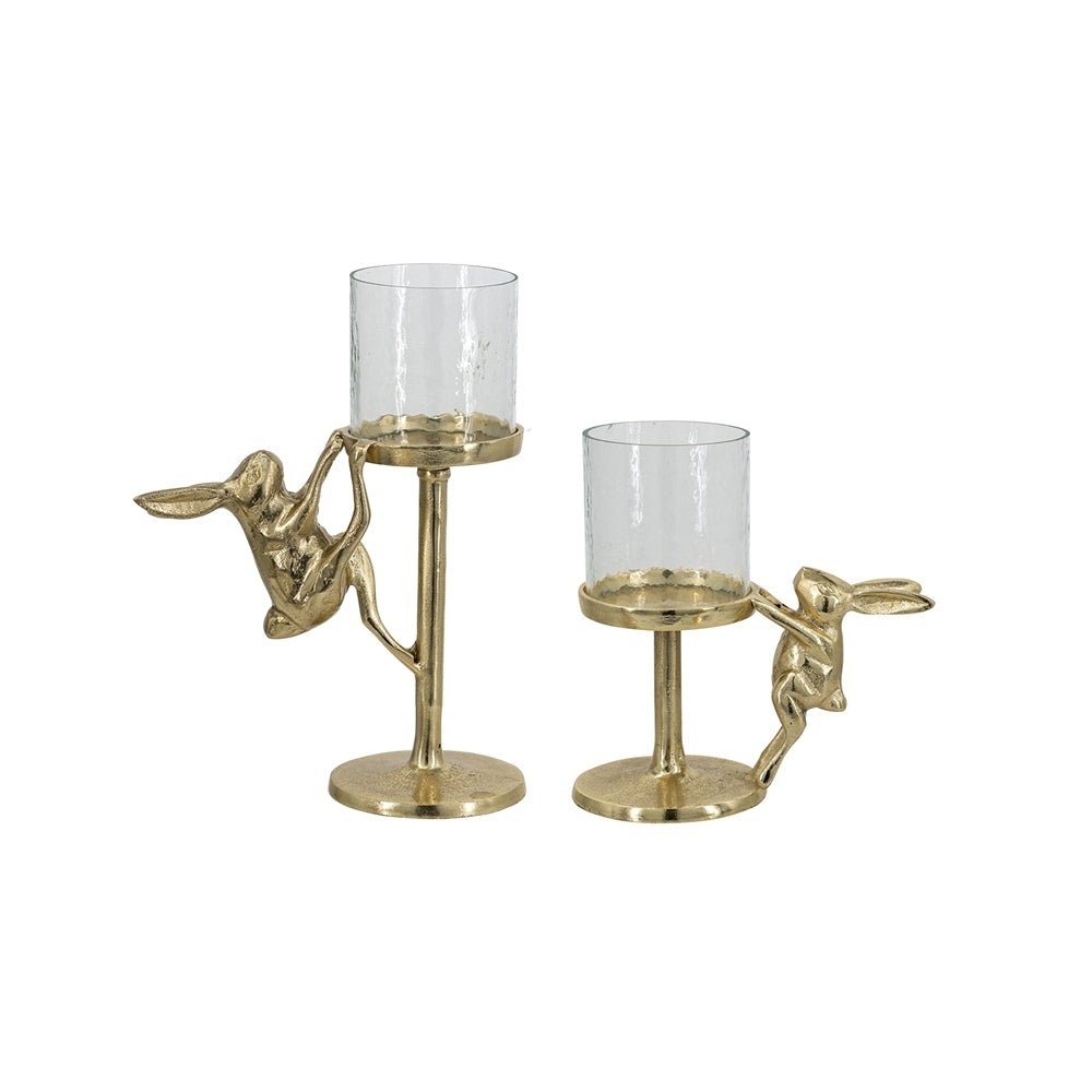 Gold Rabbit Pillar Candle Holder with Clear Glass Hurricane Shade, Set of 2
