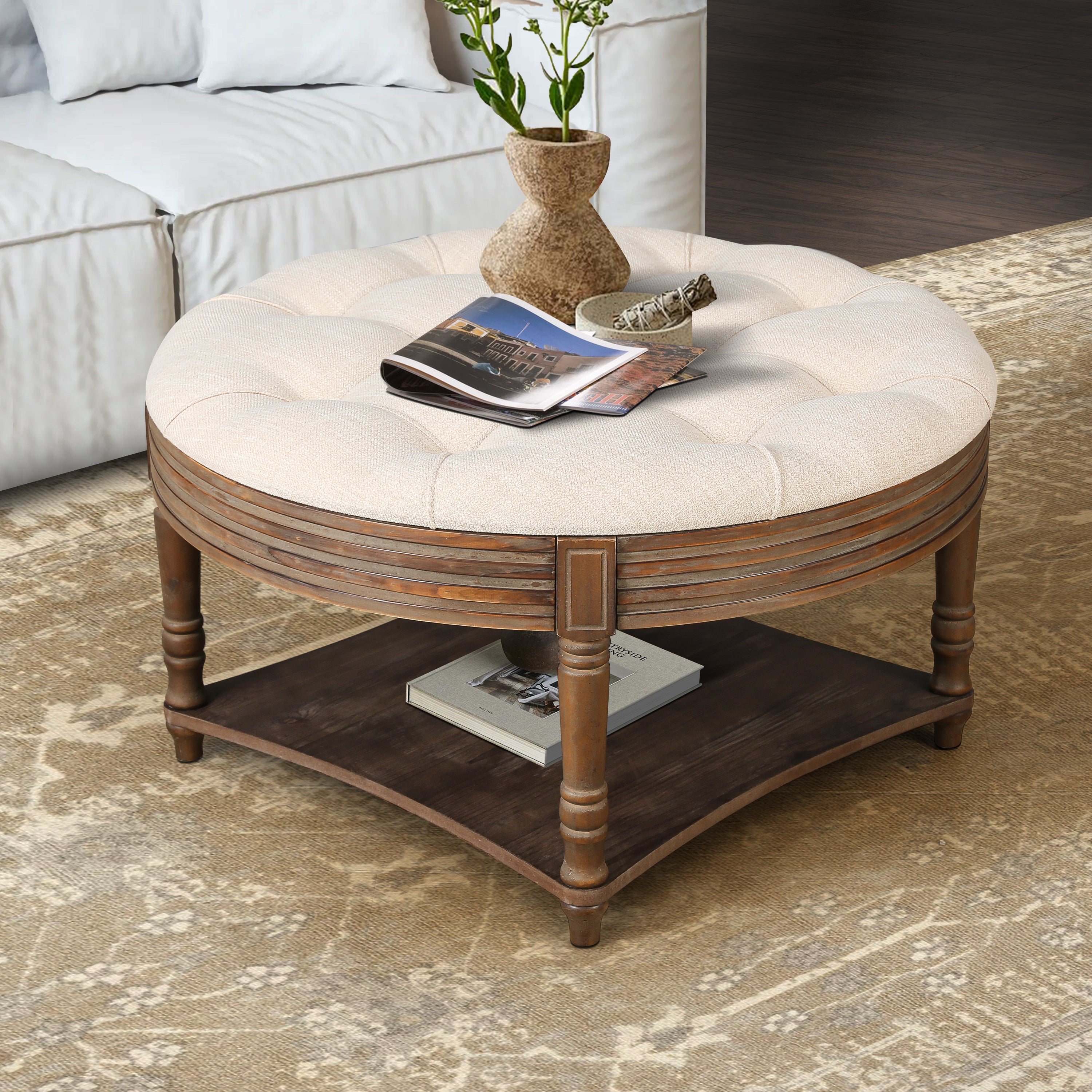 Captains Large Round Upholstered Ottoman with Bottom Shelf