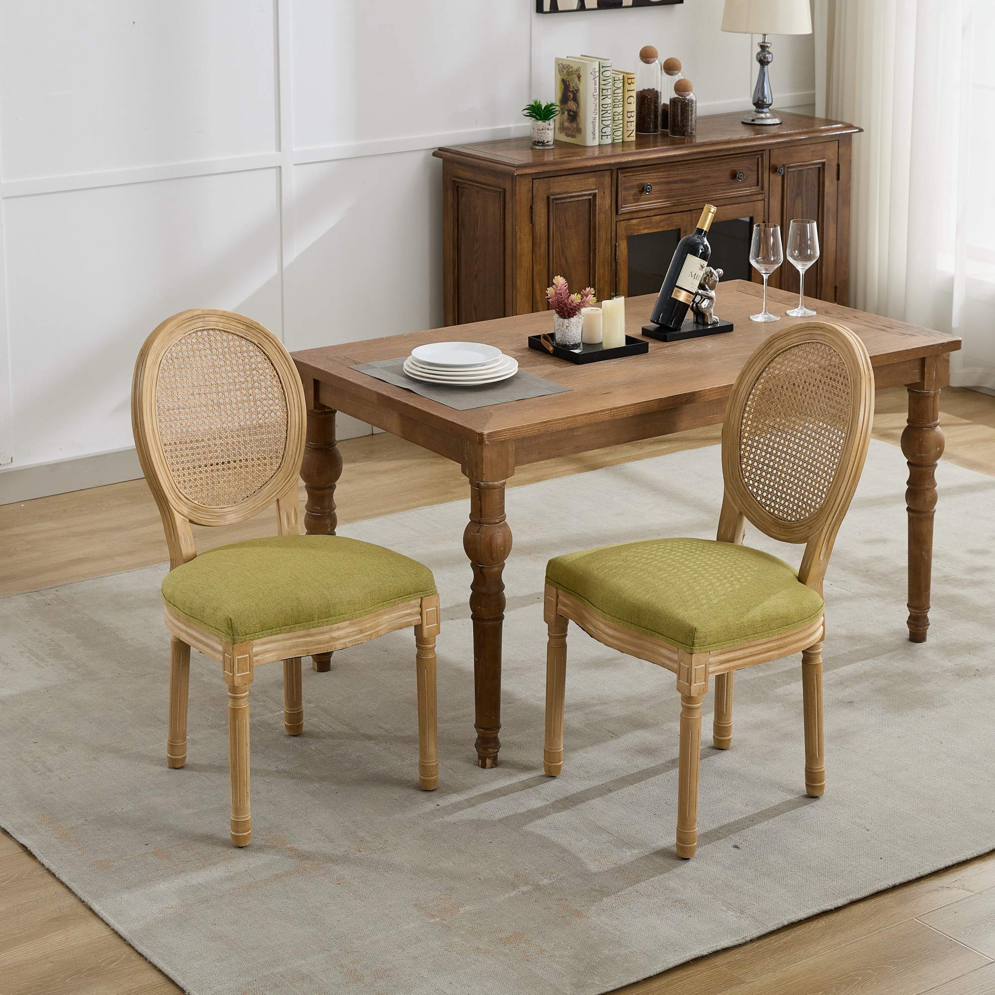 French Country Dining Chairs with Round Rattan Backrest, Set of 2