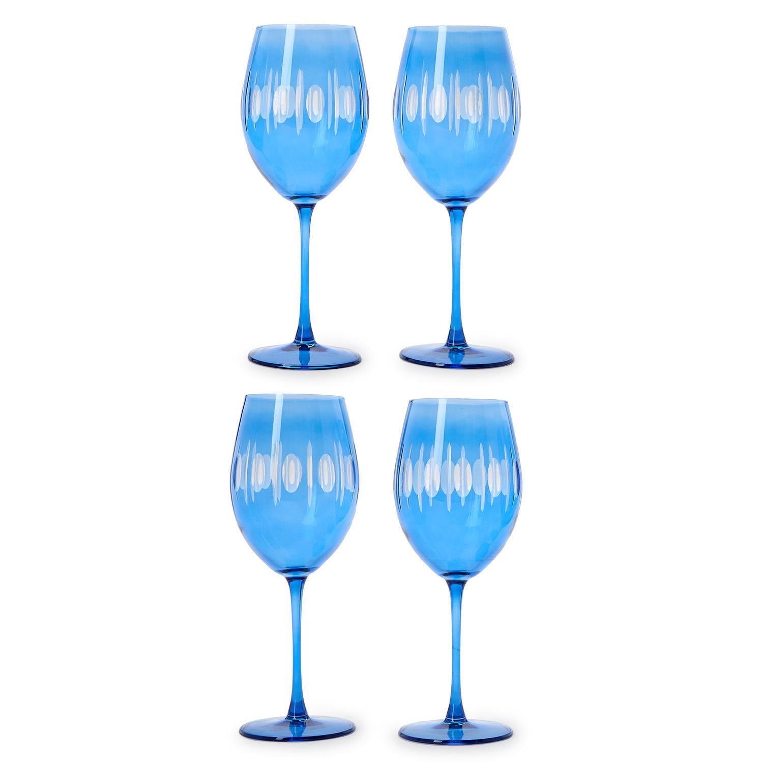 Sparkling Cut Blue Hand Engraved Stemmed Wine Glasses, Set of 4
