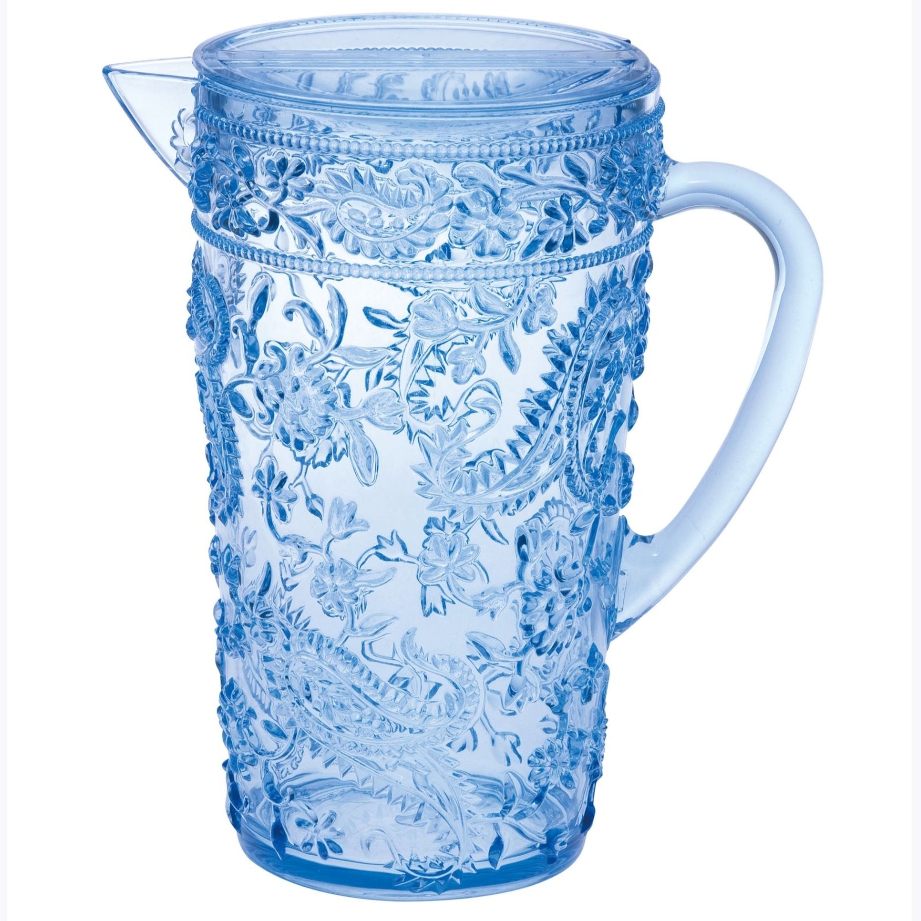 Paisley Unbreakable Plastic Water Pitcher with Lid and Spout, BPA Free, 2.5 Quarts, Blue Acrylic