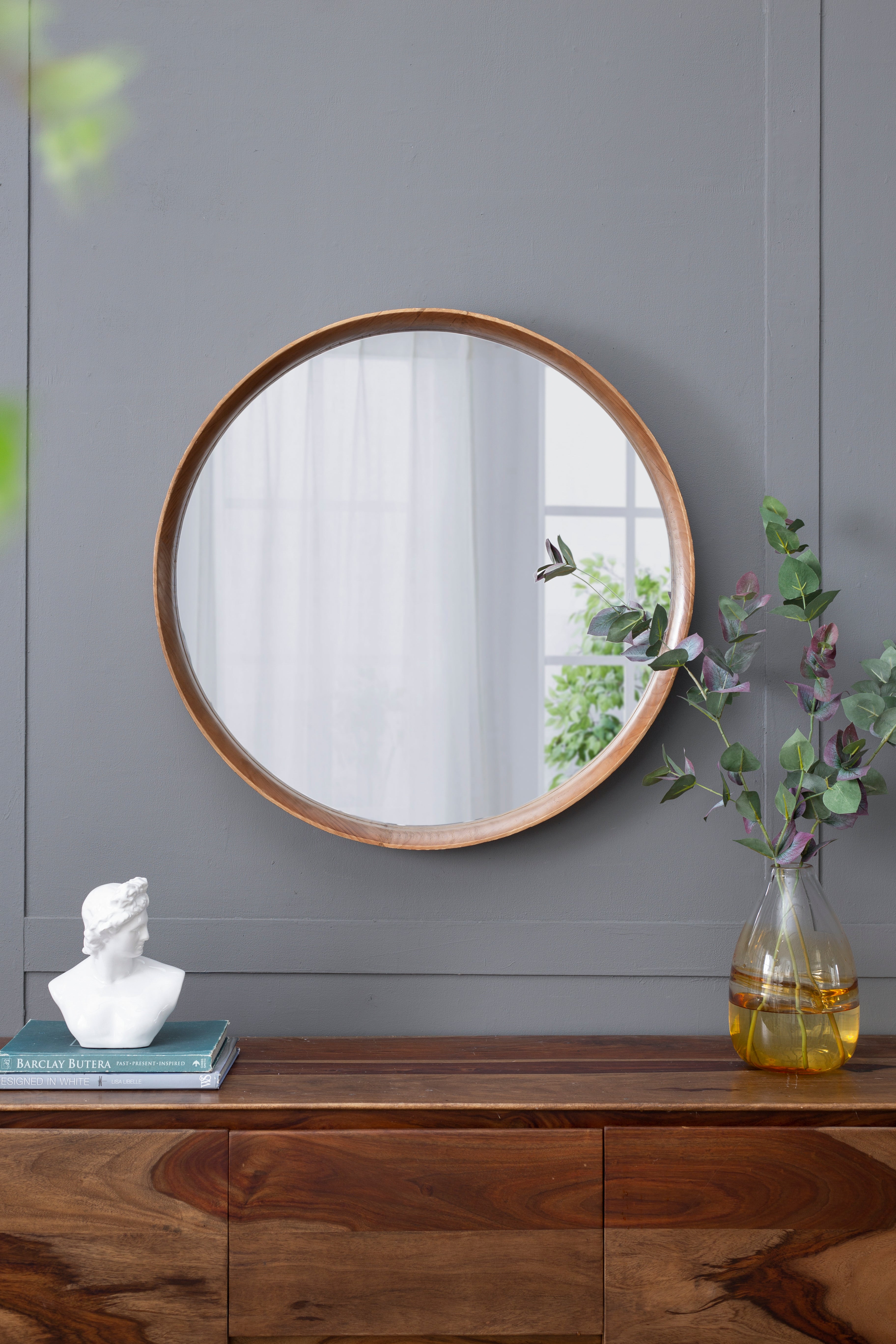 Wall Mounted Mirror with Round Shape and Wooden Frame