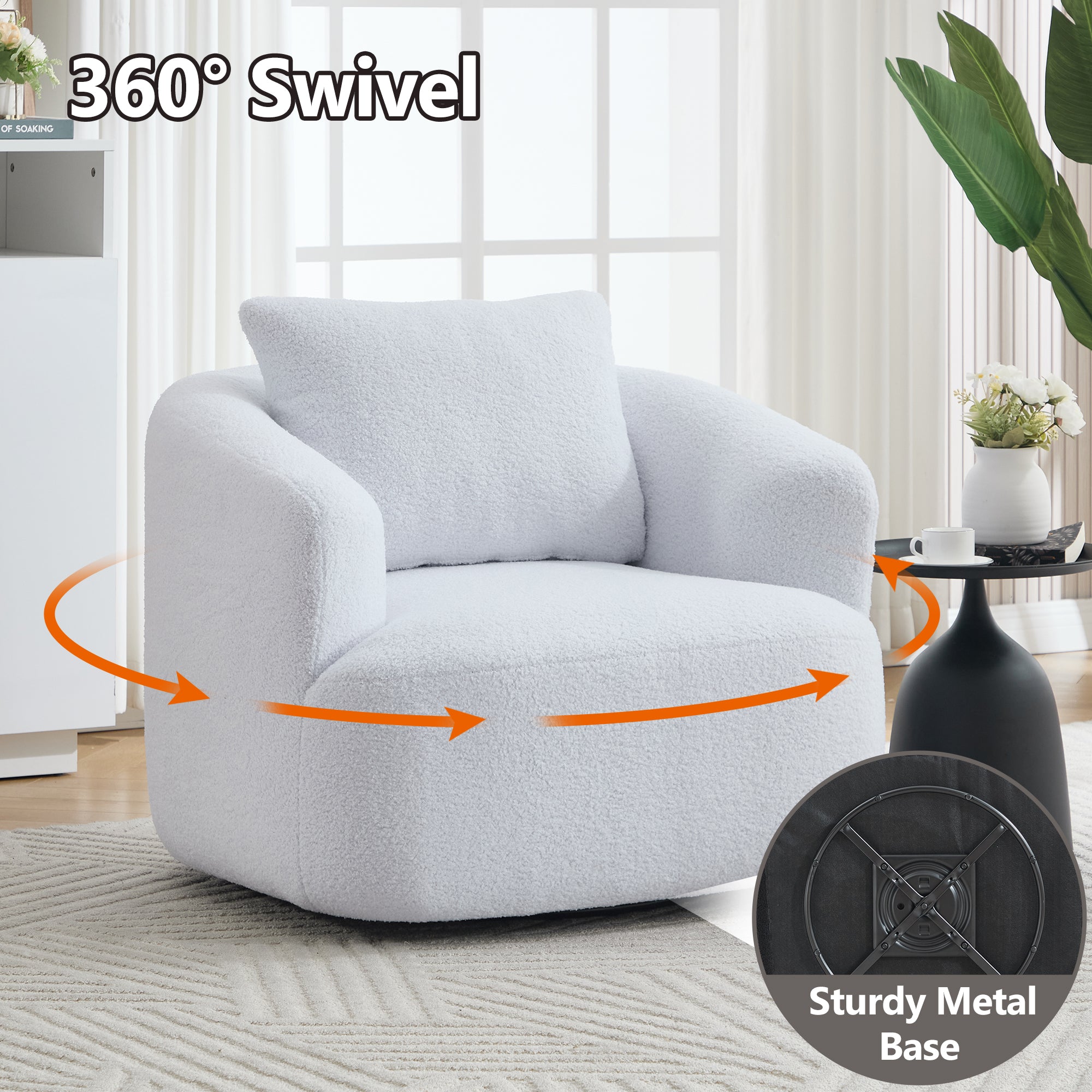Teddy Fleece 360° Swivel Round Upholstered Comfy Accent Chair With Pillow