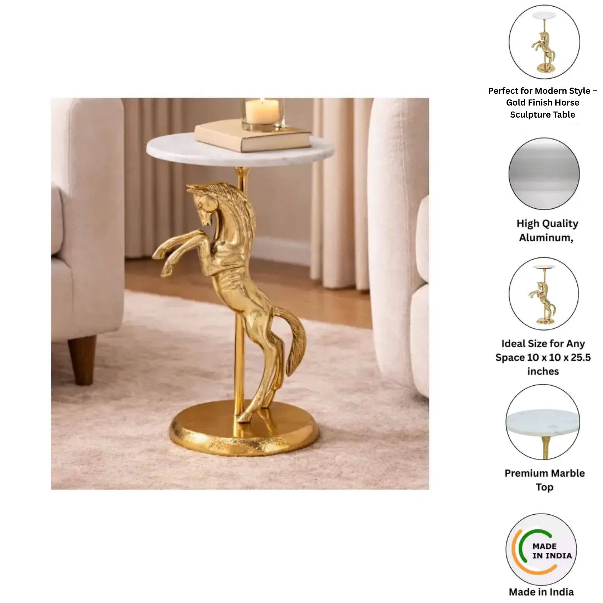 Horse Side Table with White Marble Top