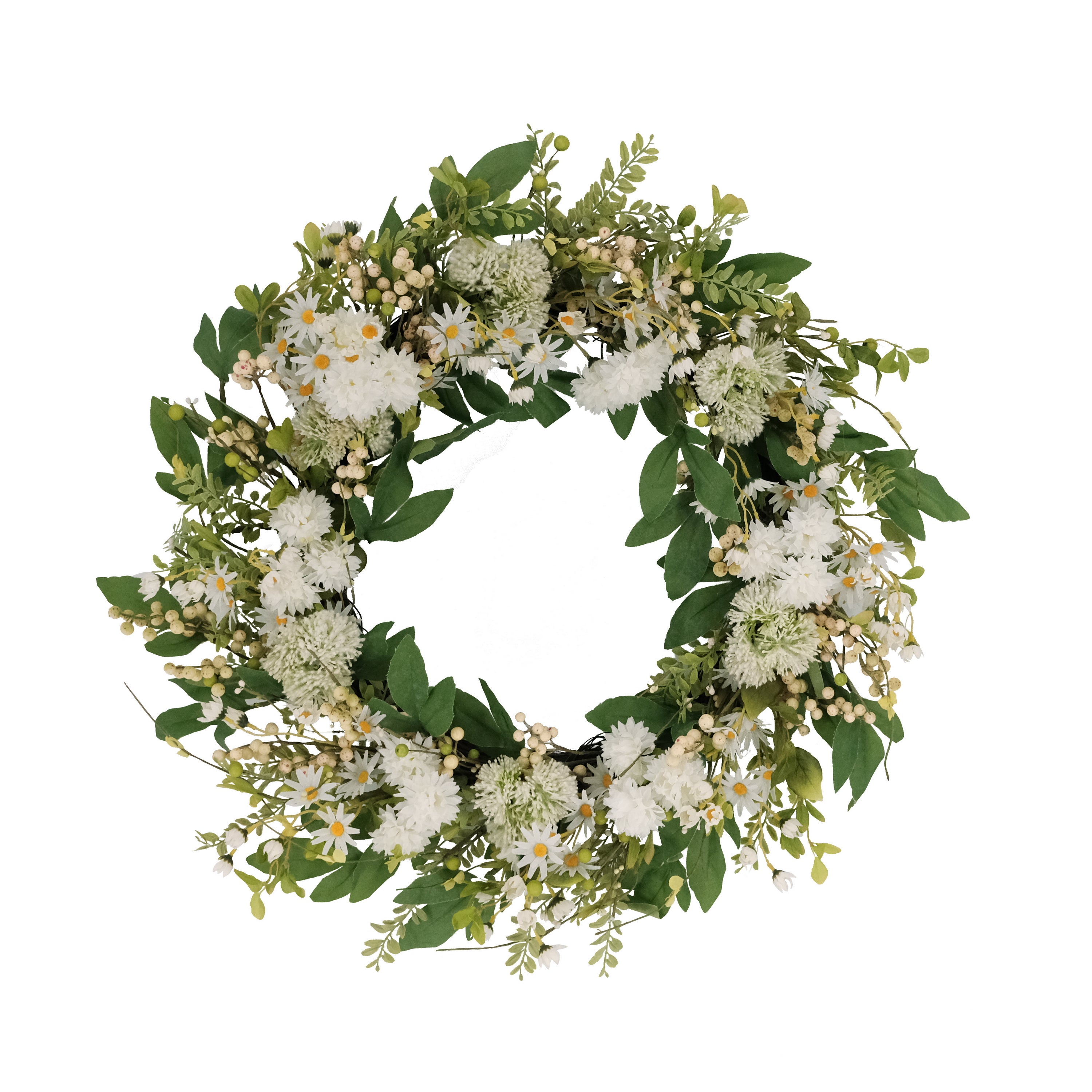 30" Artificial Chrysanthemum and Daisy  Green and White Floral Spring Wreath
