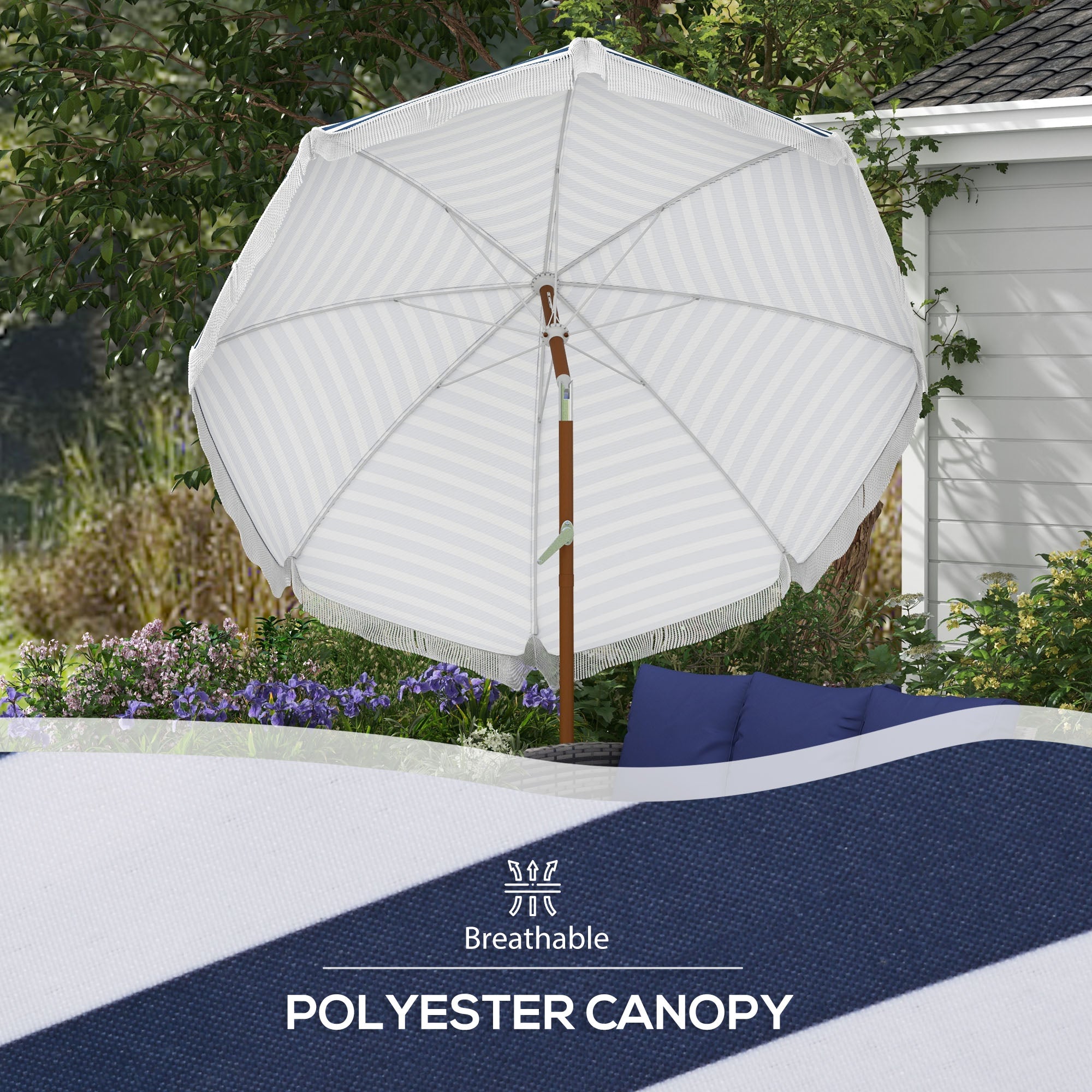 7' Nautical Stripe & Fringe Outdoor Patio Umbrella with Tilt