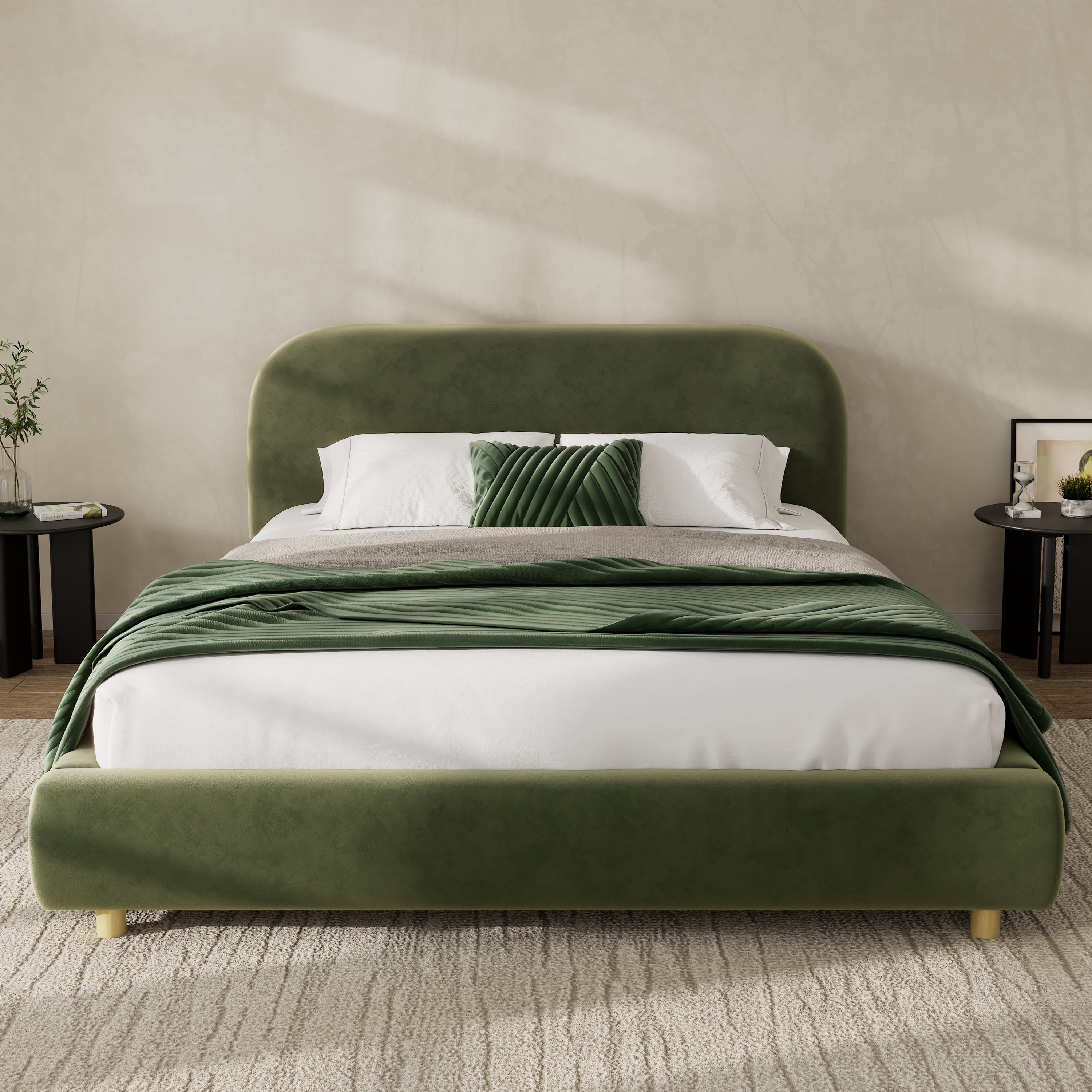 Olive Green Velvet Upholstered Platform Bed with Curve-Shaped Design Headboard