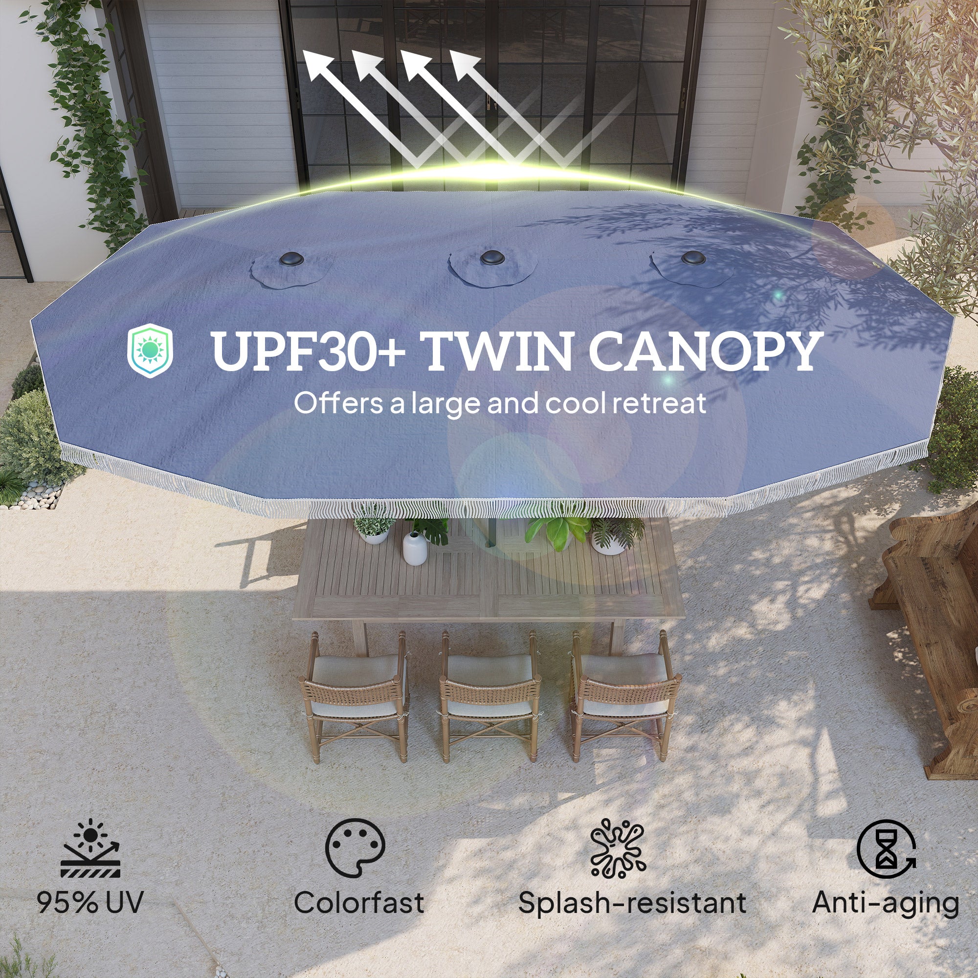 Oversized Fringe Trim Patio Umbrella with Crank Handle