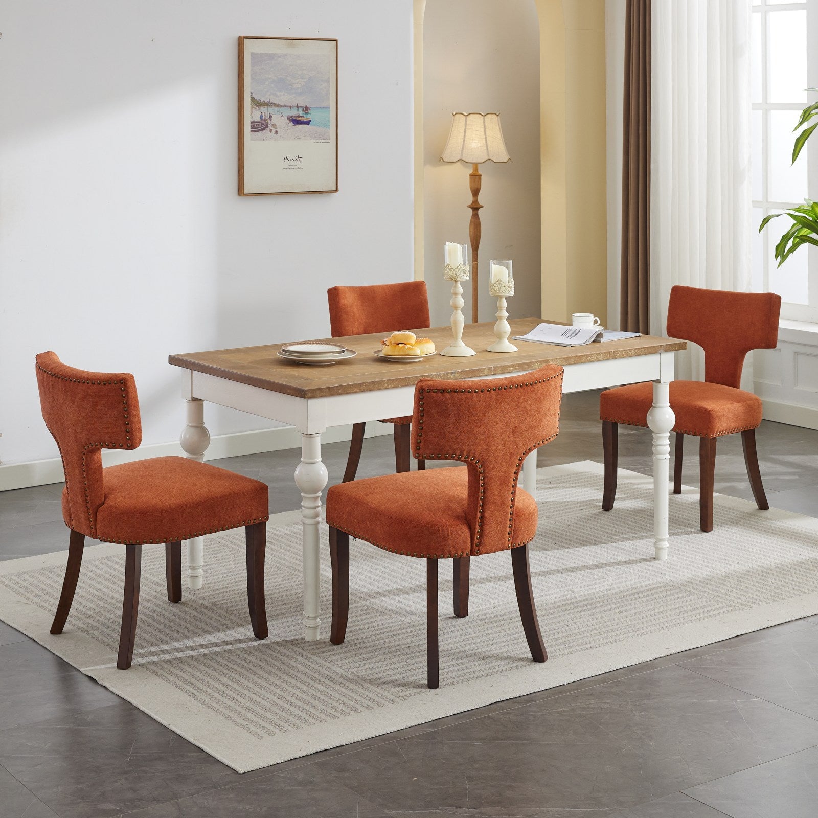Mid Century Modern Dining Chairs Set of 2, Farmhouse Linen Fabric Upholstered Accent Chair Curved Backrest with Copper Nails around,Kitchen Chairs with Hardwood Frame, Orange