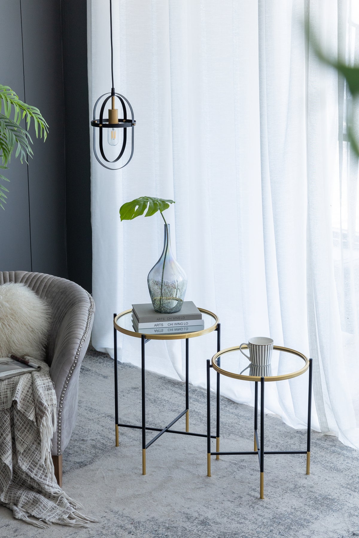 Set of 2 Gold and Black Iron Side Tables with Glass Top