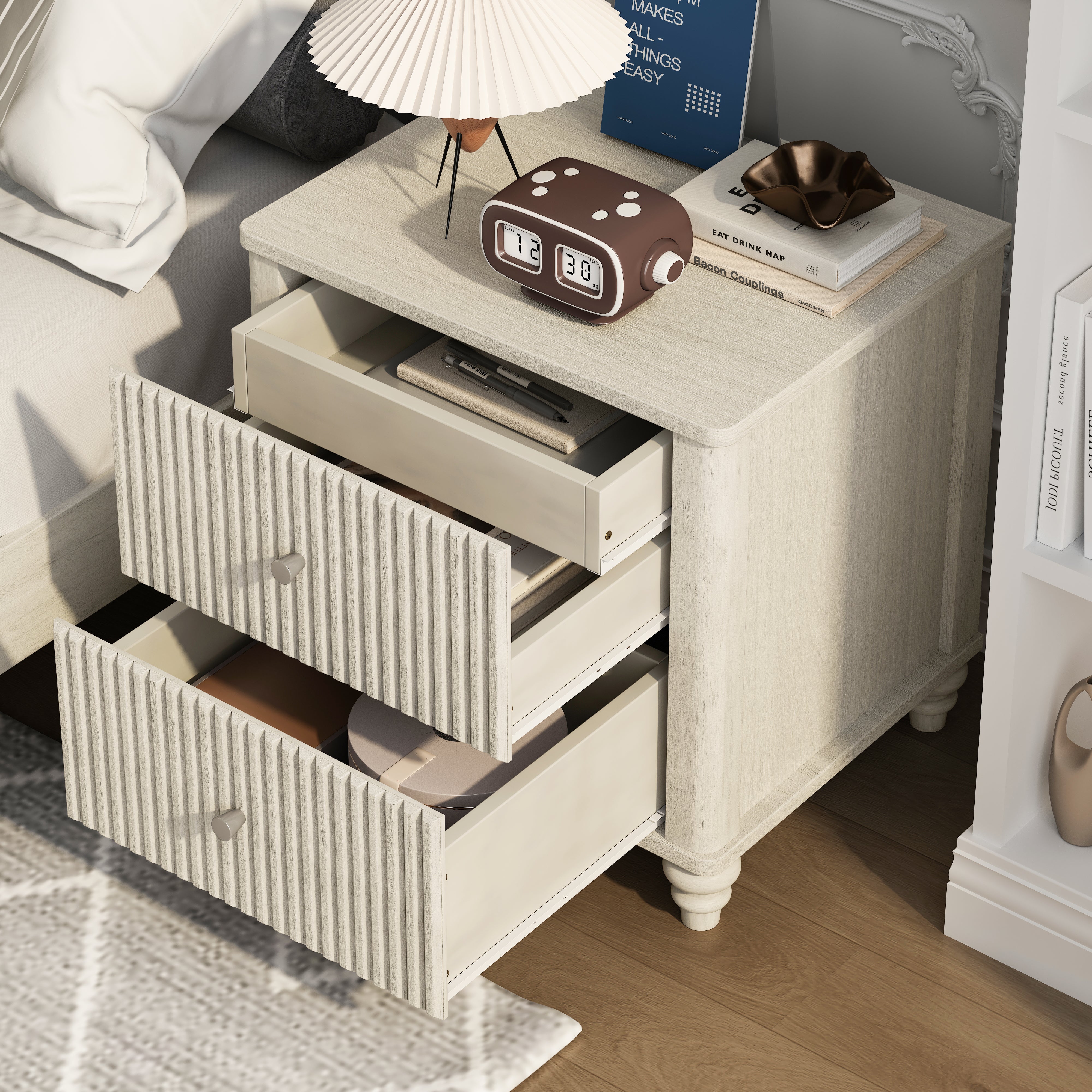 Fluted Nightstand with 3 Drawers