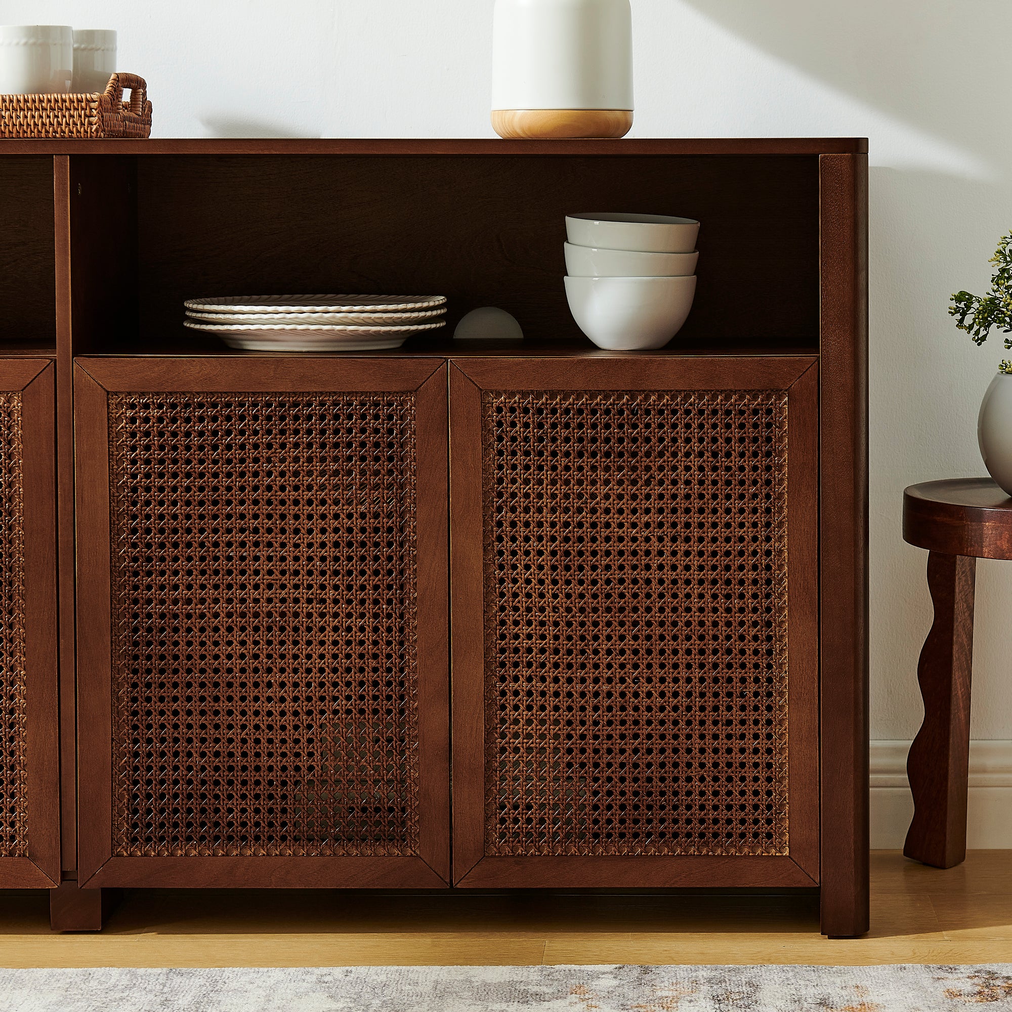 63" Mid-Century Modern Rattan Sideboard Buffet Storage Cabinet