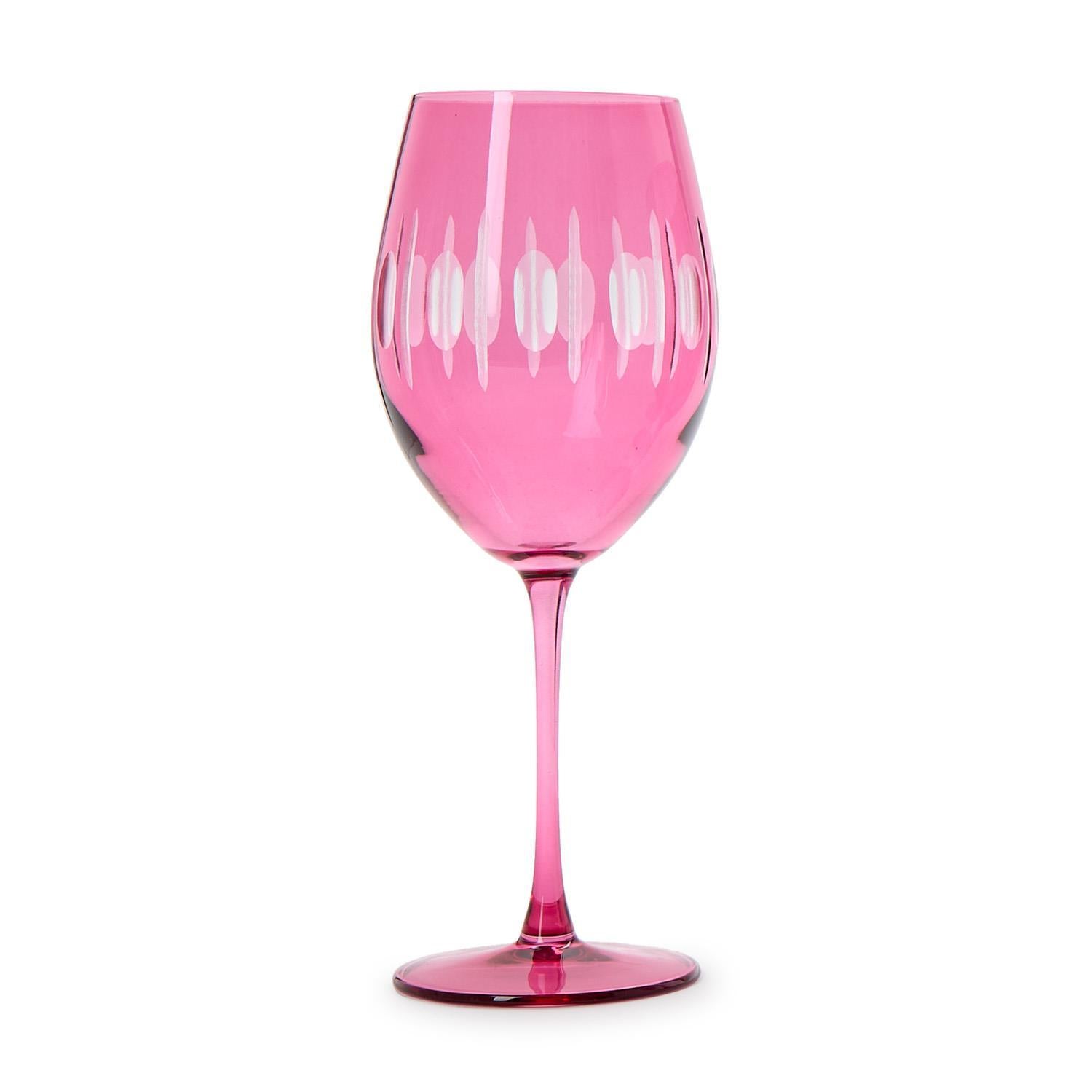 Sparkling Cut Pink Hand Engraved Stemmed Wine Glasses, Set of 4