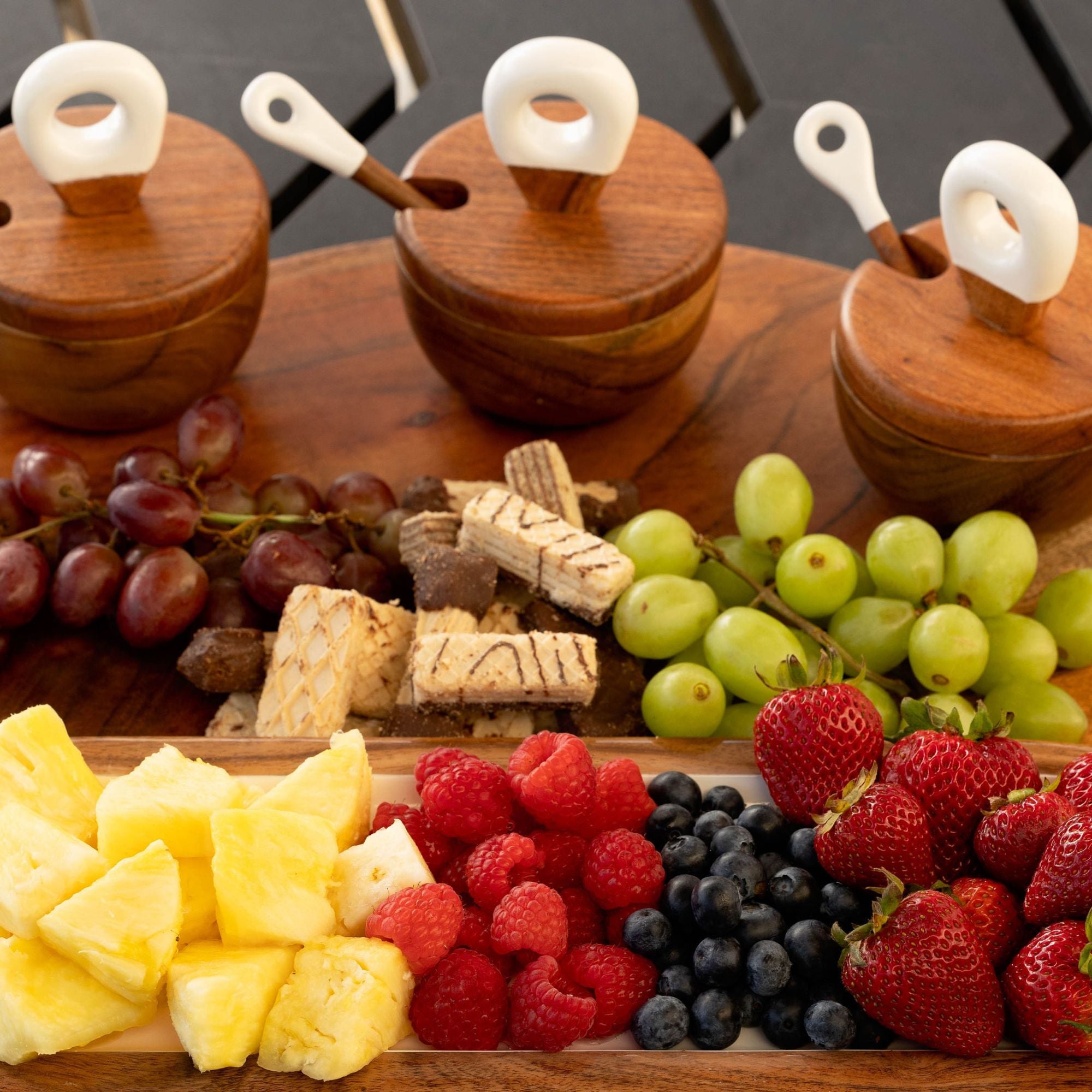 Jeanne Fitz Wood + White Collection Acacia Wood 3 Dipping Bowls with Charcuterie Utensils