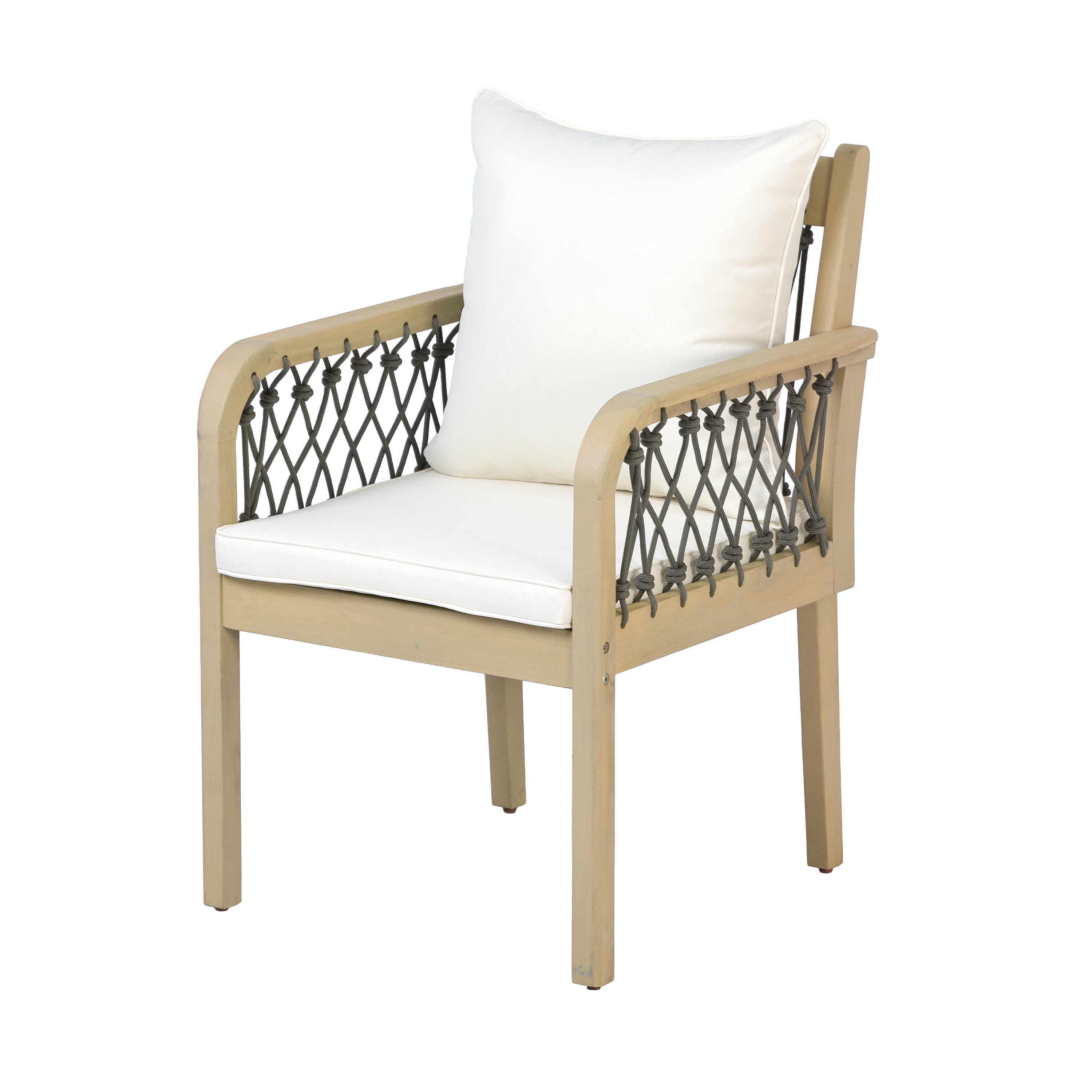 Outdoor Patio Acacia Wood Chairs With Woven Rope Arms(Set of 2), Weather-Resistant Cushions,Light teak+Dark grey rope+Cream beige cushion