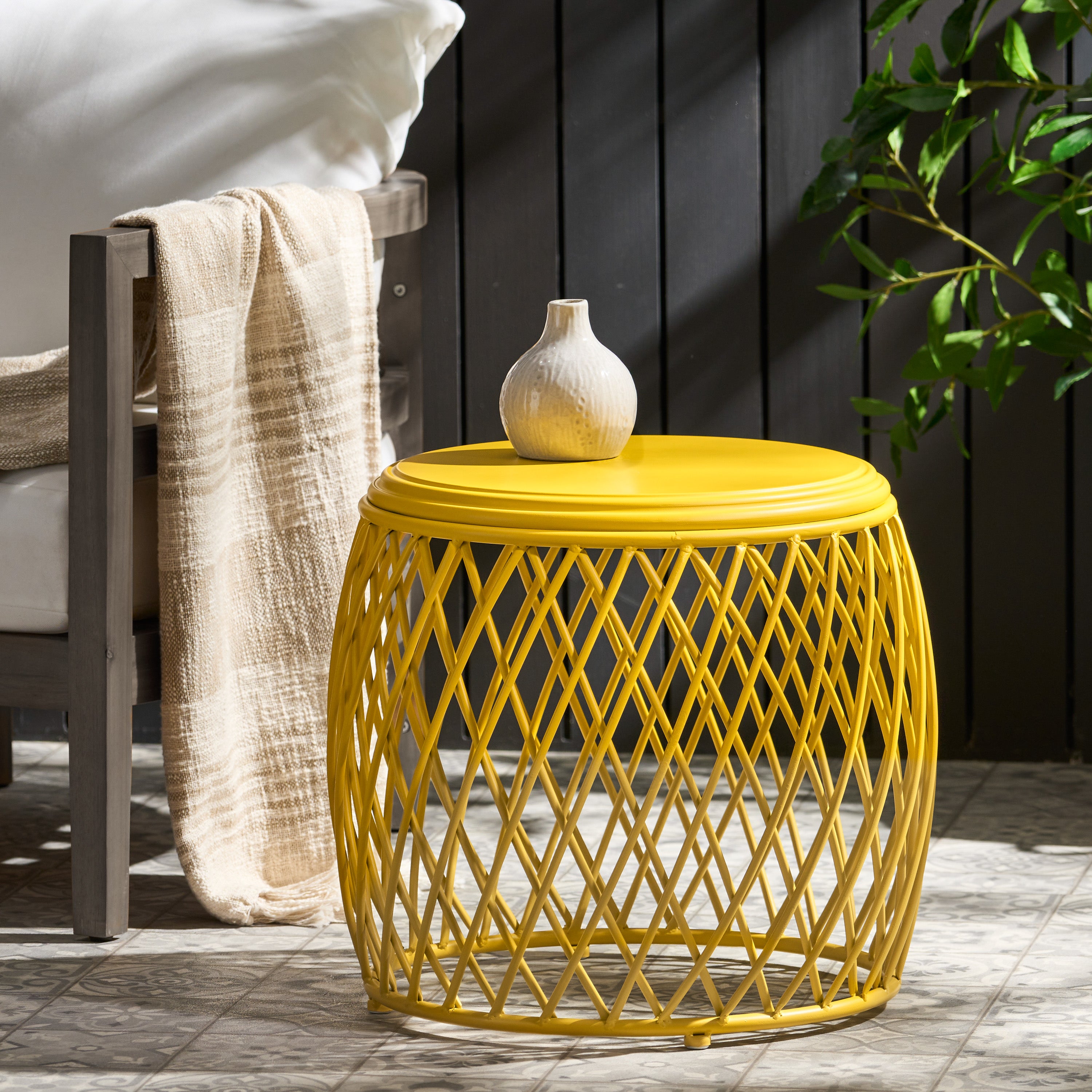 Coveted 19.75" Outdoor Cylindrical Iron Side Table with Lattice Design