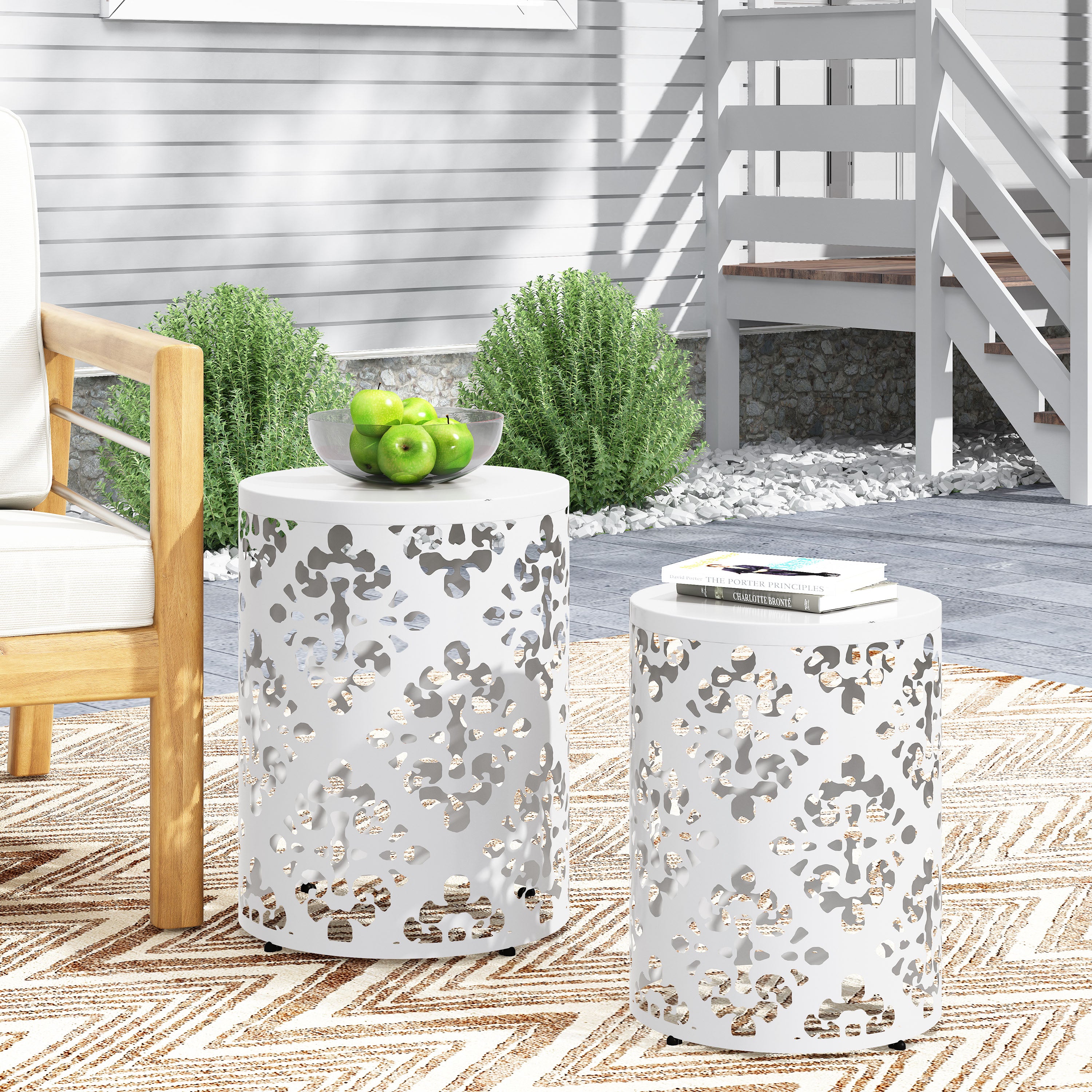 Refinery 2-Piece Outdoor End Table Set with Floral Patten and Iron Cut Design