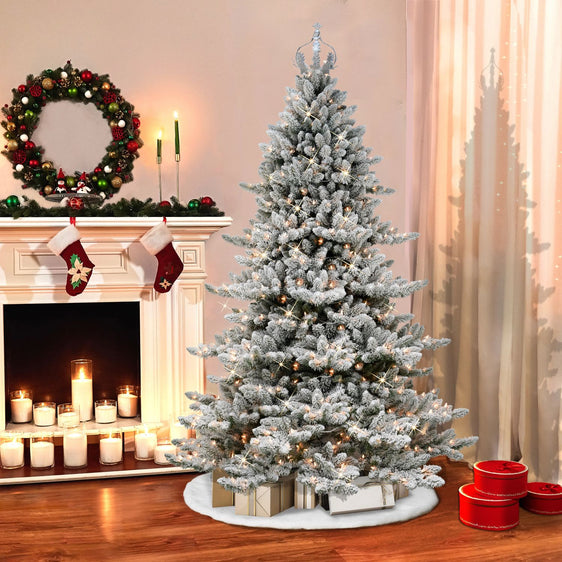 7.5-ft-Pre-lit-Flocked-Royal-Majestic-Spruce-Artificial-Christmas-Tree-with-Clear-Lights,-Silver-Crown-Treetop-&-Metal-Stand-Christmas-Trees