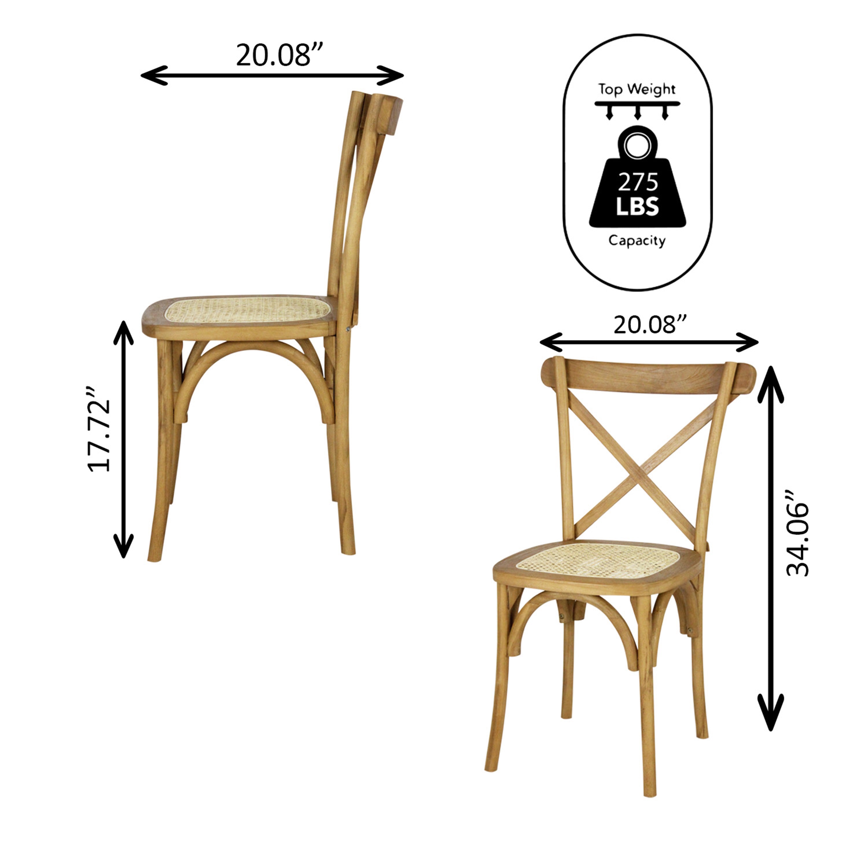 Cassis X-Back Wood Rattan Dining Chair, Set of 2