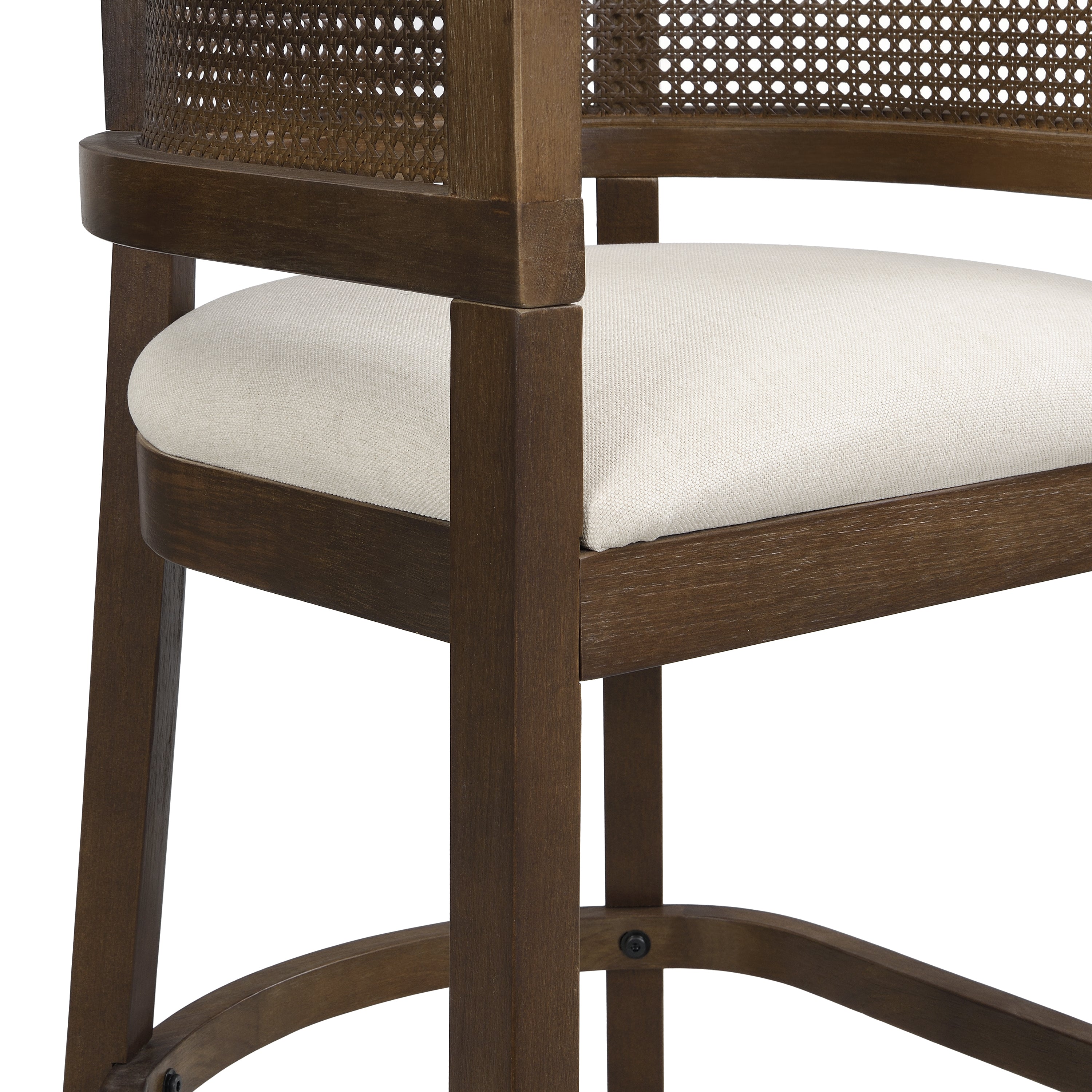 Wood And Rattan Upholstered Arm Bar Stools, Set of 2