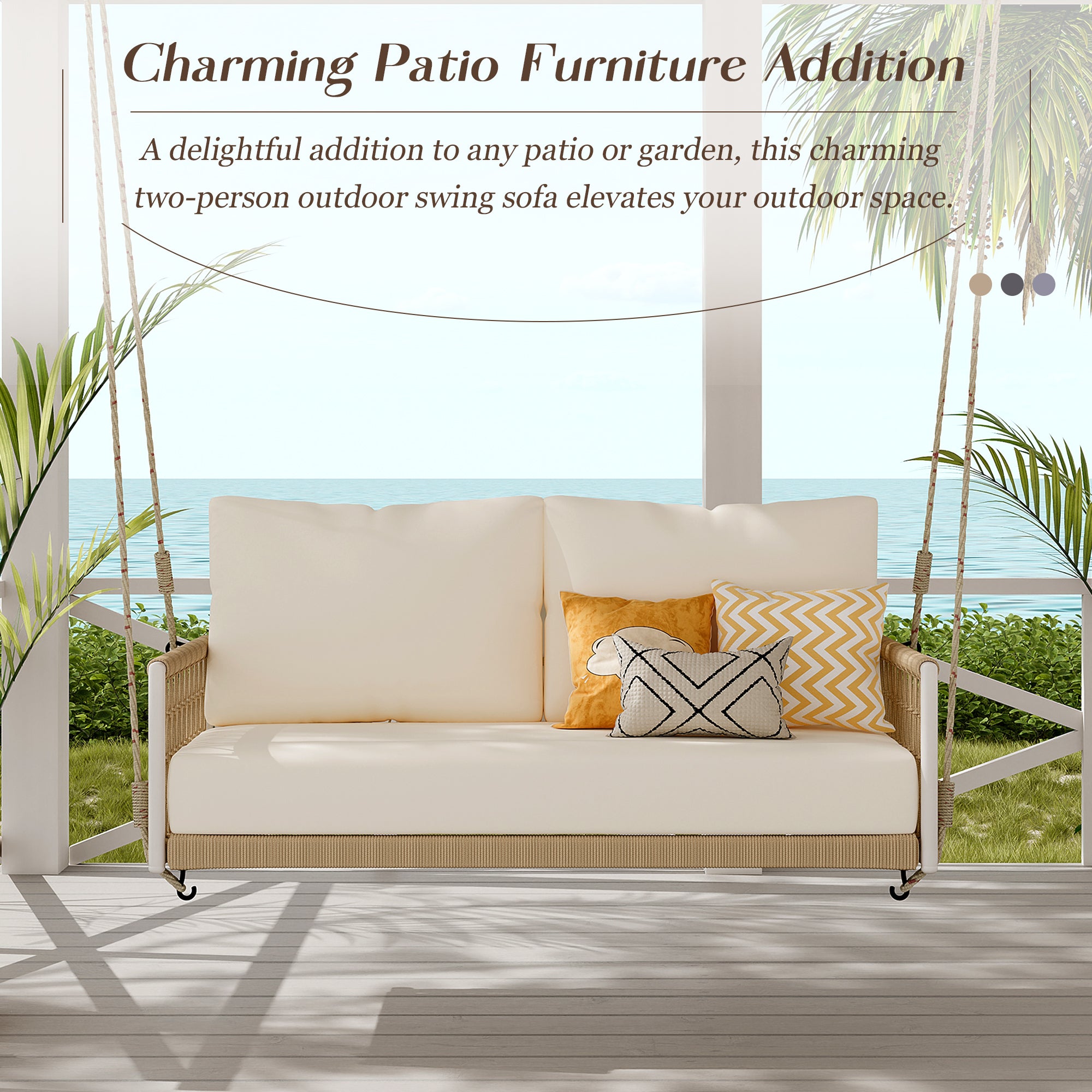 Outdoor Woven Rope Swing Sofa with Iron Frame and Soft Cushions