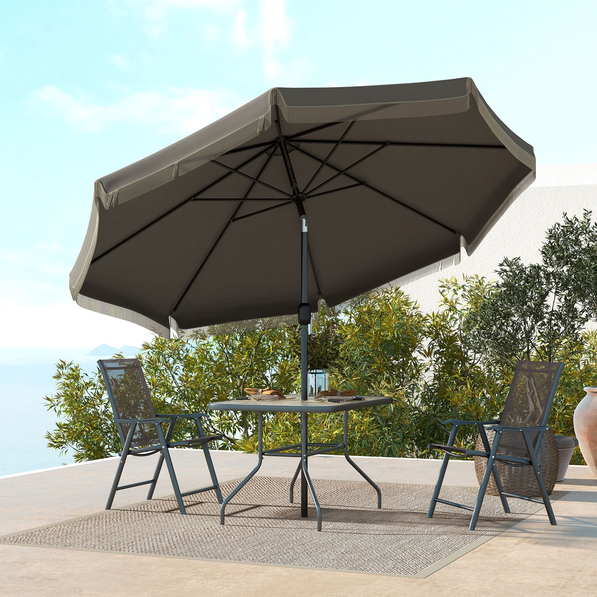 9' Fringe Edge Patio Umbrella with Push Button Tilt and Crank