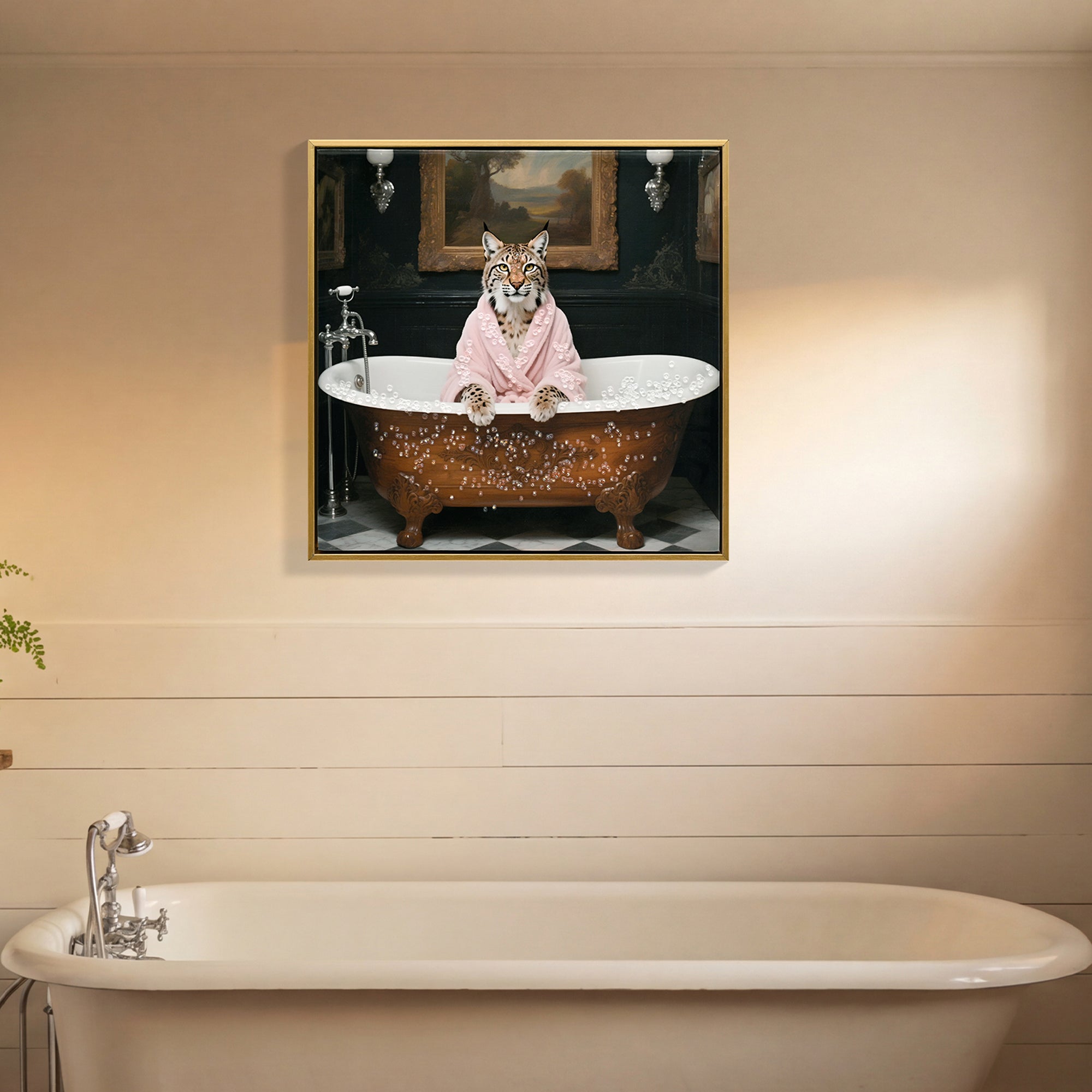 Tiger in Bathtub Wall Art Print Poster, Wood Frame