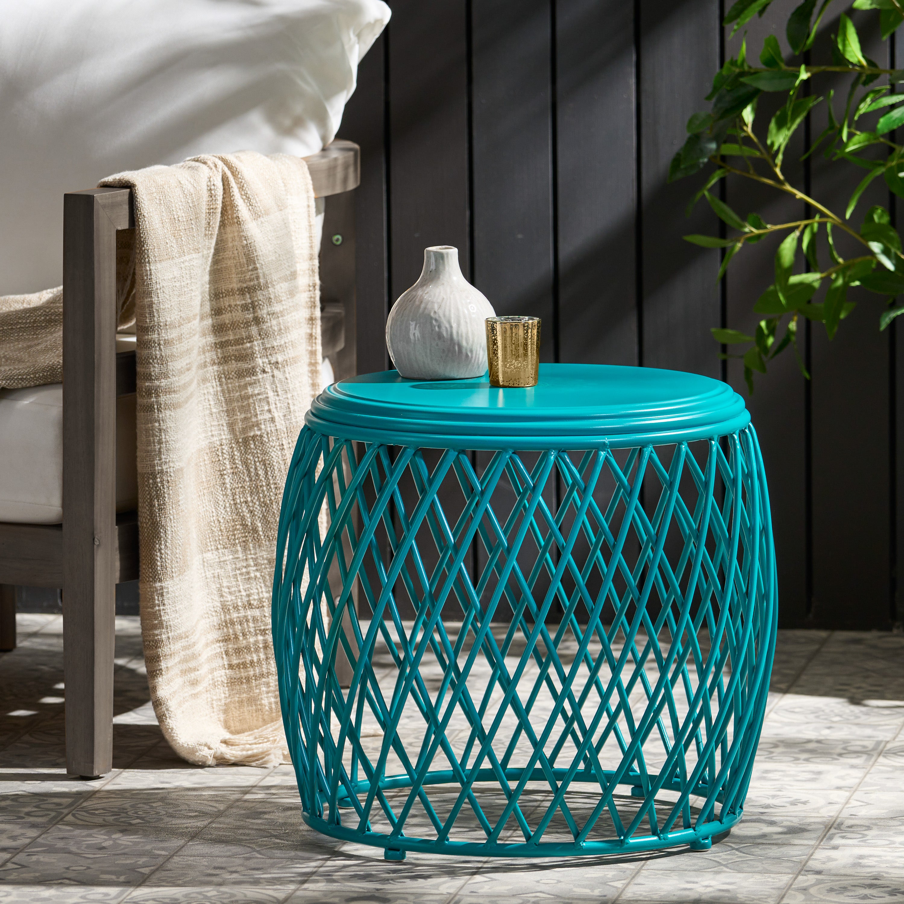 Coveted 19.75" Outdoor Cylindrical Iron Side Table with Lattice Design