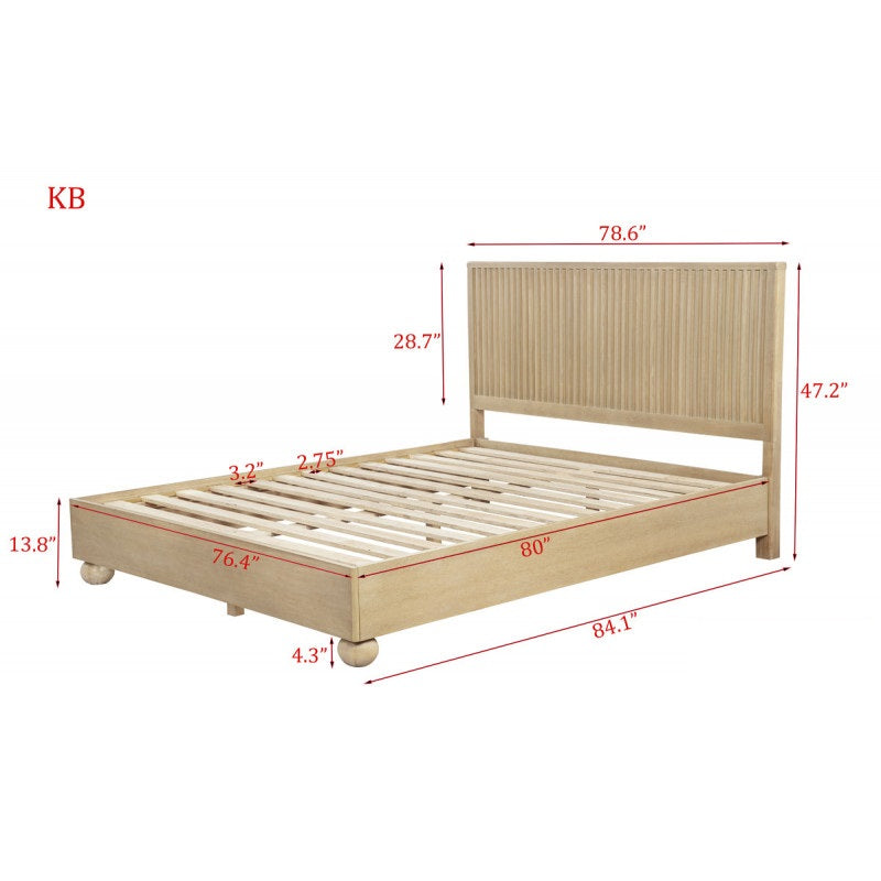 Fluted Modern Light Oak Wooden Platform Bed – Modern Minimalist Design, Light Oak Finish