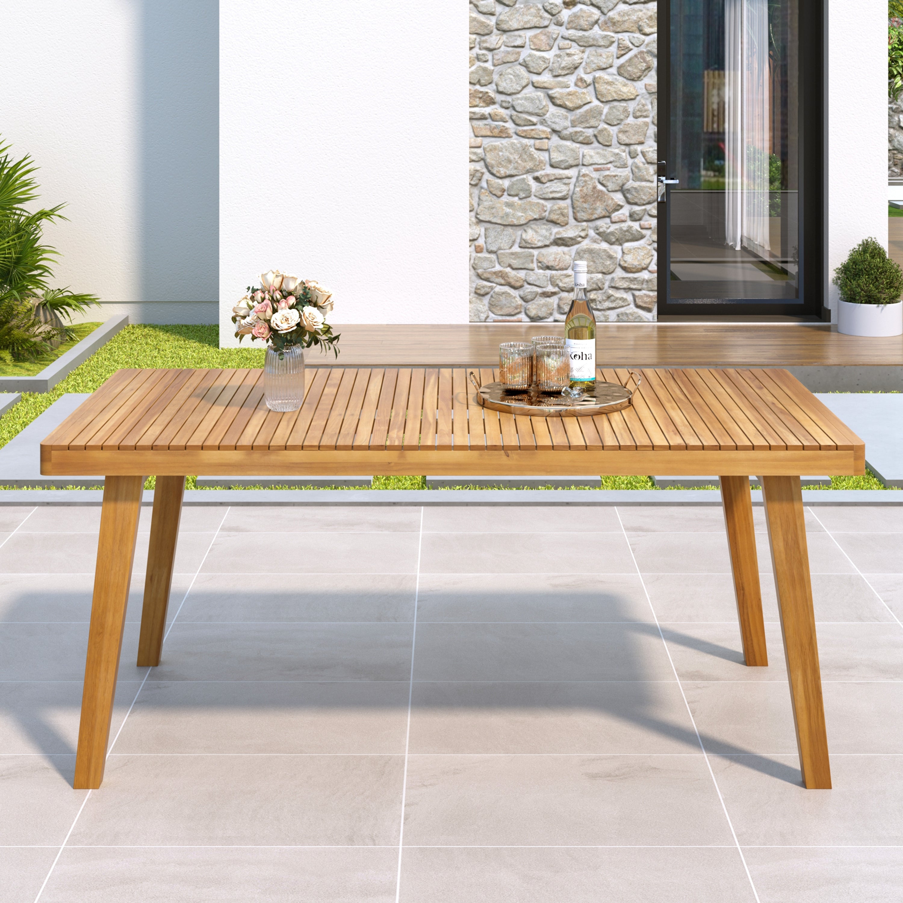 69' Acacia Wood Outdoor Dining Table with Slatted Top