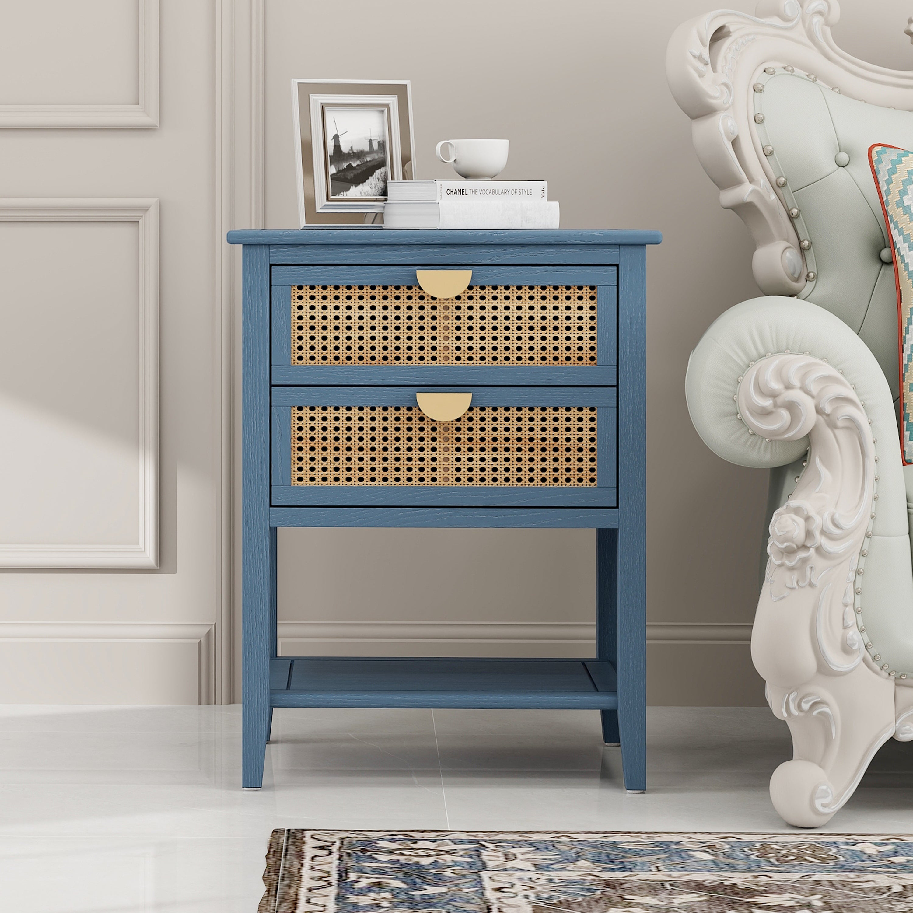 Side Table with 2 Rattan Drawers and Shelf