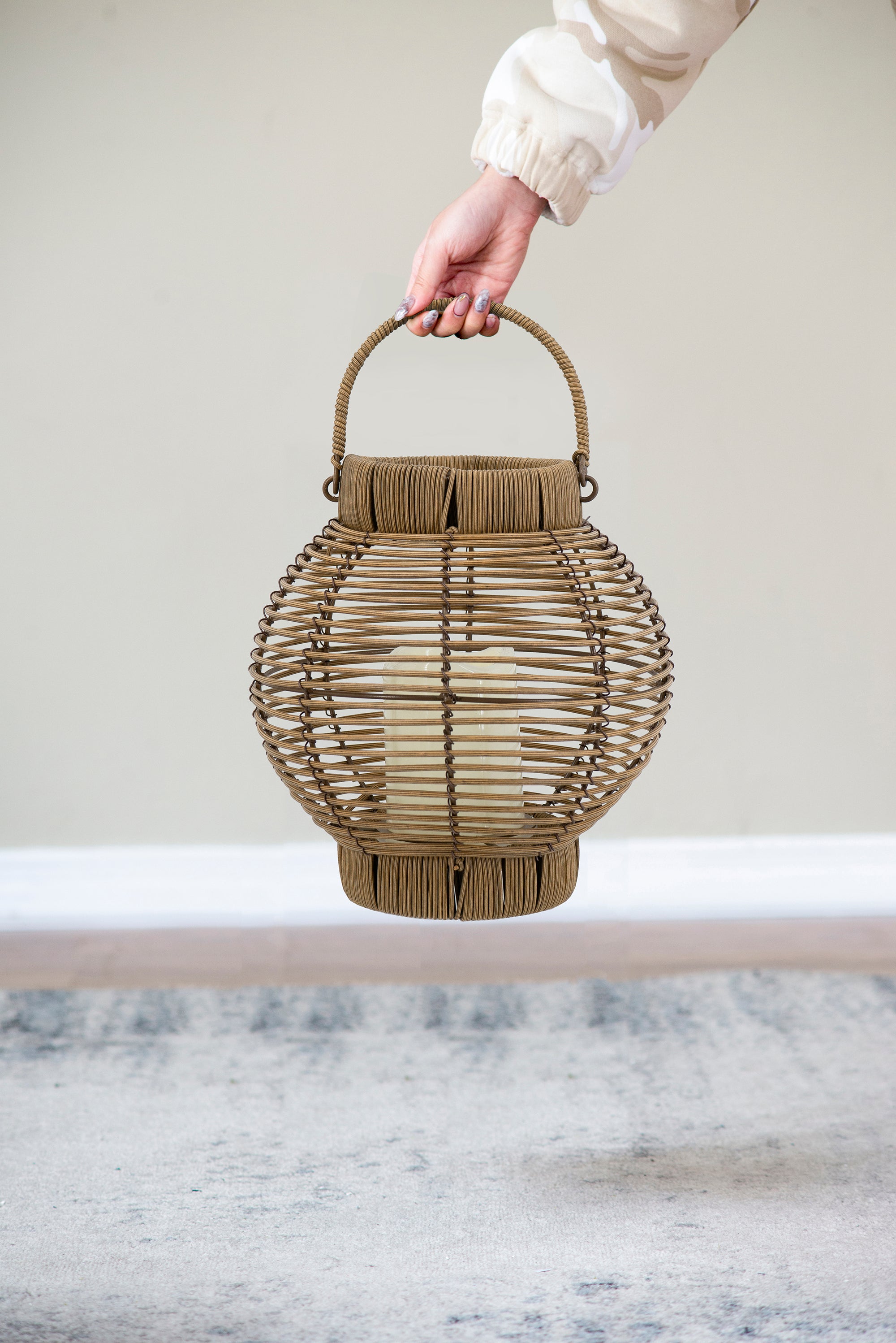 Brown Round Rattan Lantern With White LED Candle