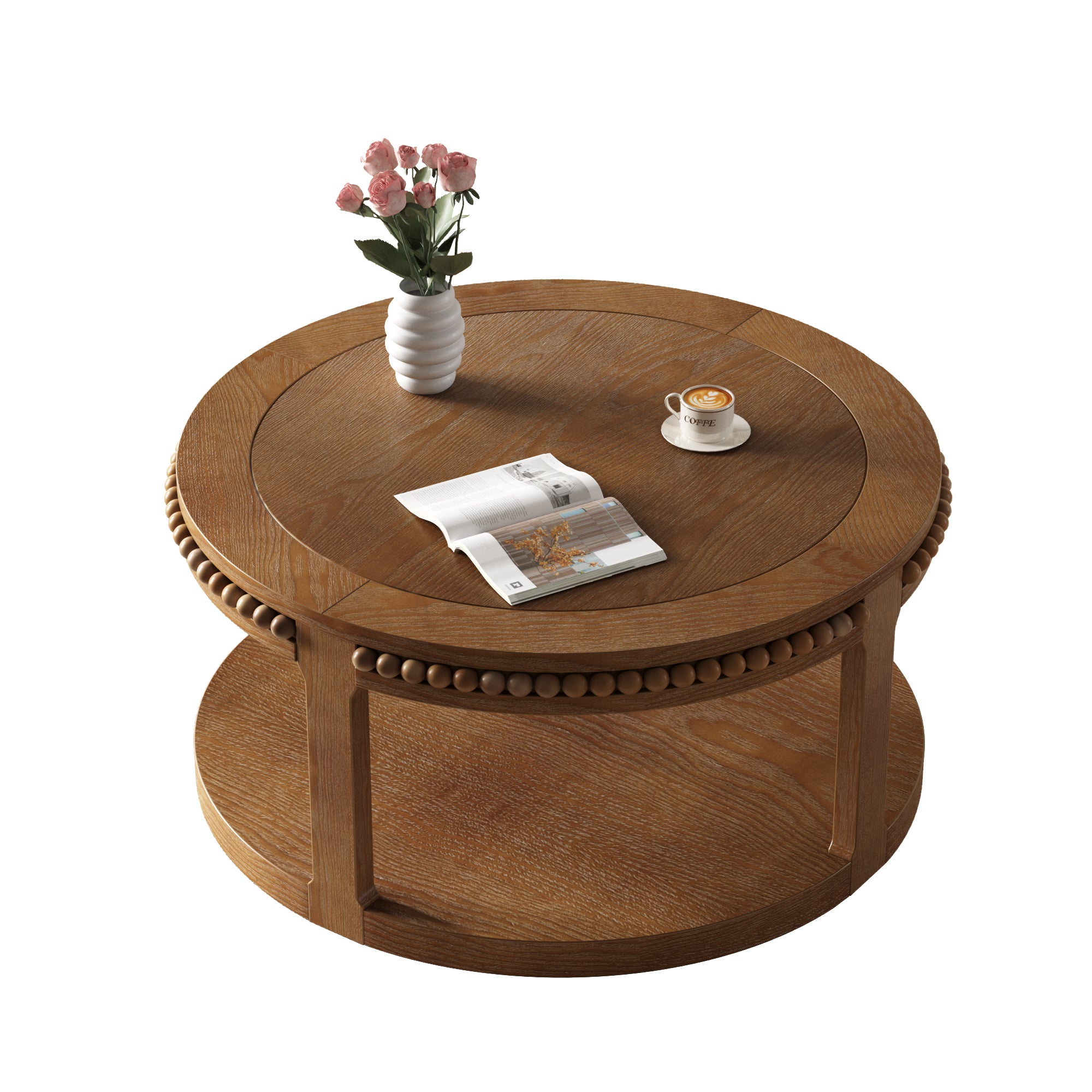 Round Solid Wood Coffee Table with Beaded Accent Edge