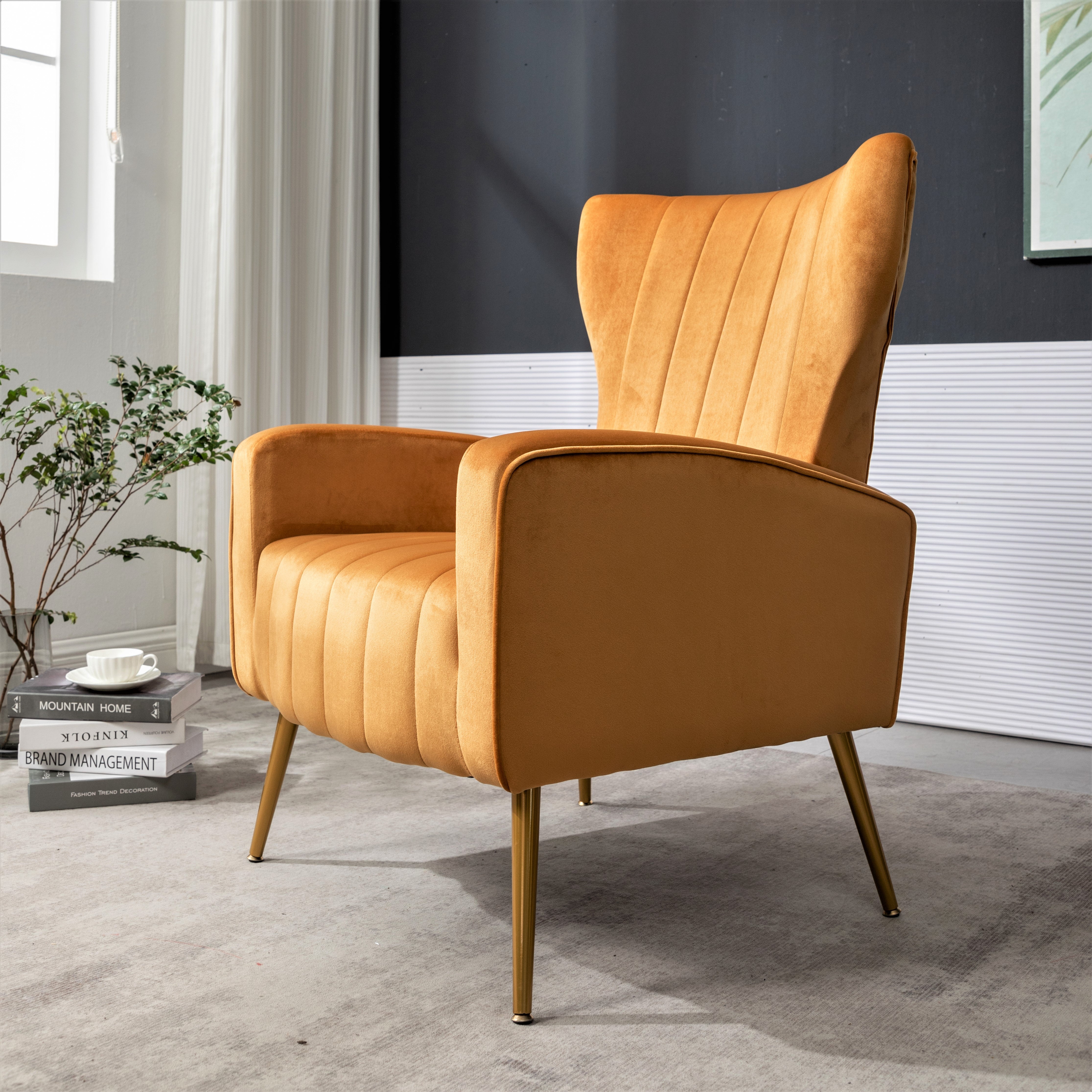 Velvet Accent Chair with Metal Legs, Modern Upholstered Armchair, Wingback Side Chair for Living Room Bedroom Small Spaces