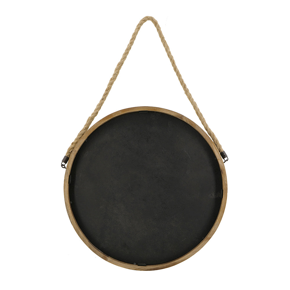 Round Wall Mirror with Jute Handle and Wood Frame