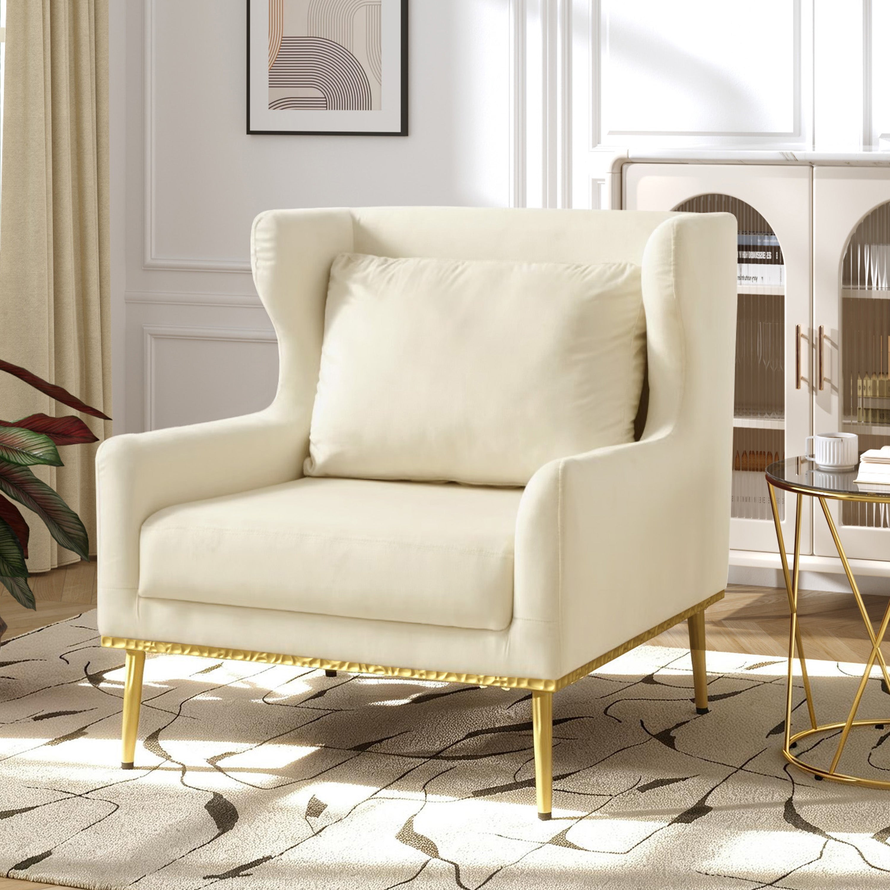 Modern Velvet Accent Chair with Arms and Gold Tone Legs