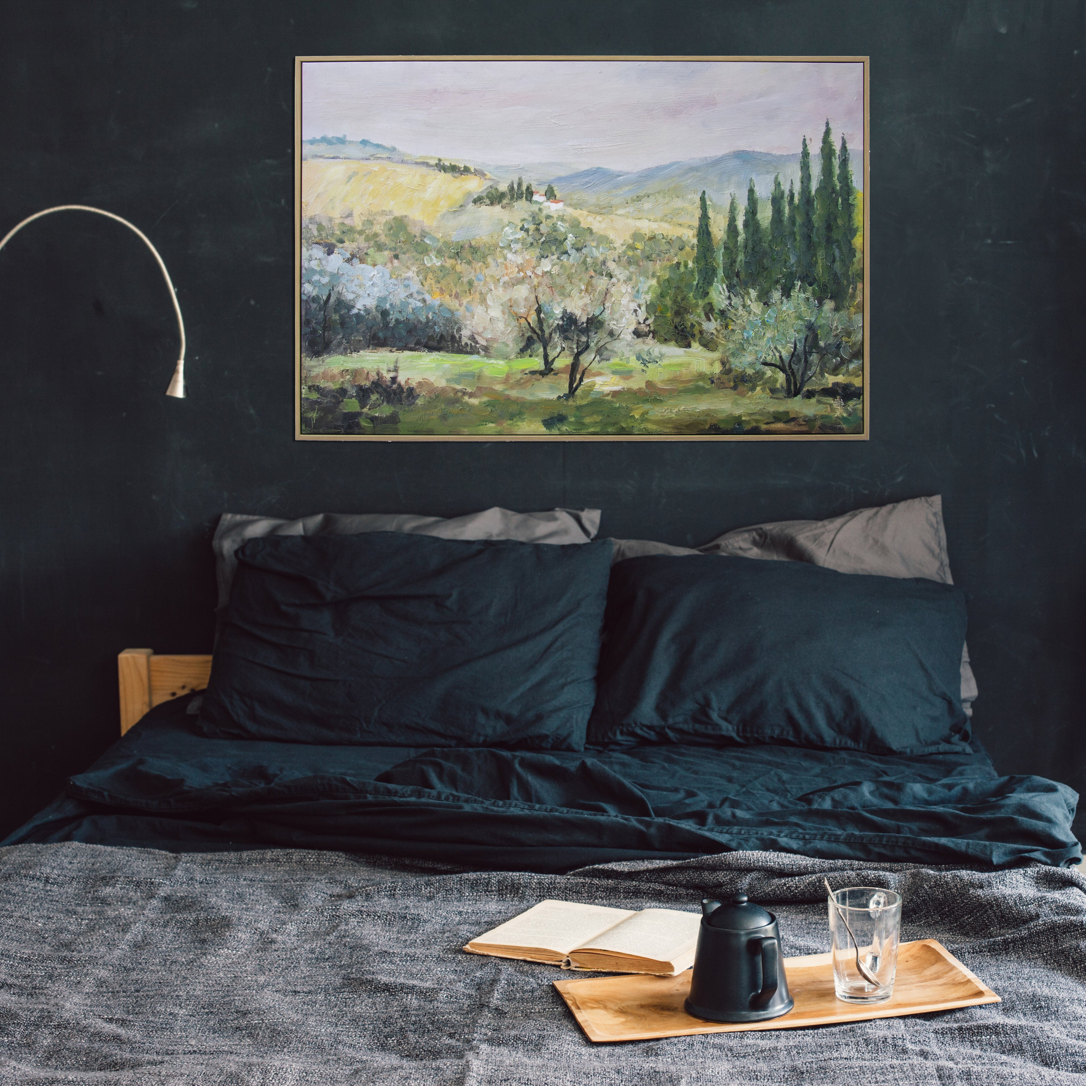 Tuscan Hills Hand Painted Floating Framed Wall Art Print 24x36 Inches