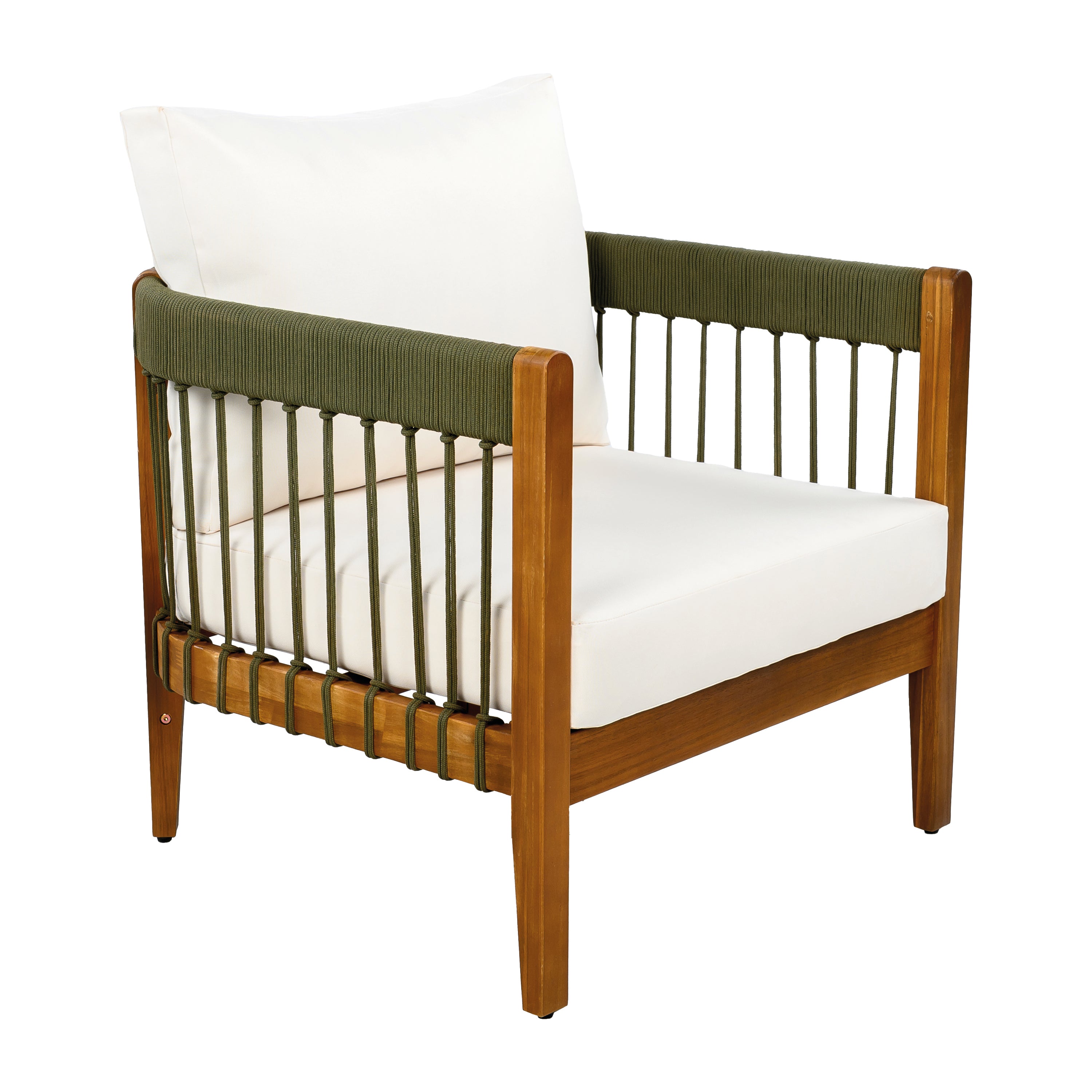 Azari Outdoor Acacia Wood Club Chair with Handwoven Rope Accents & Curved Backrest