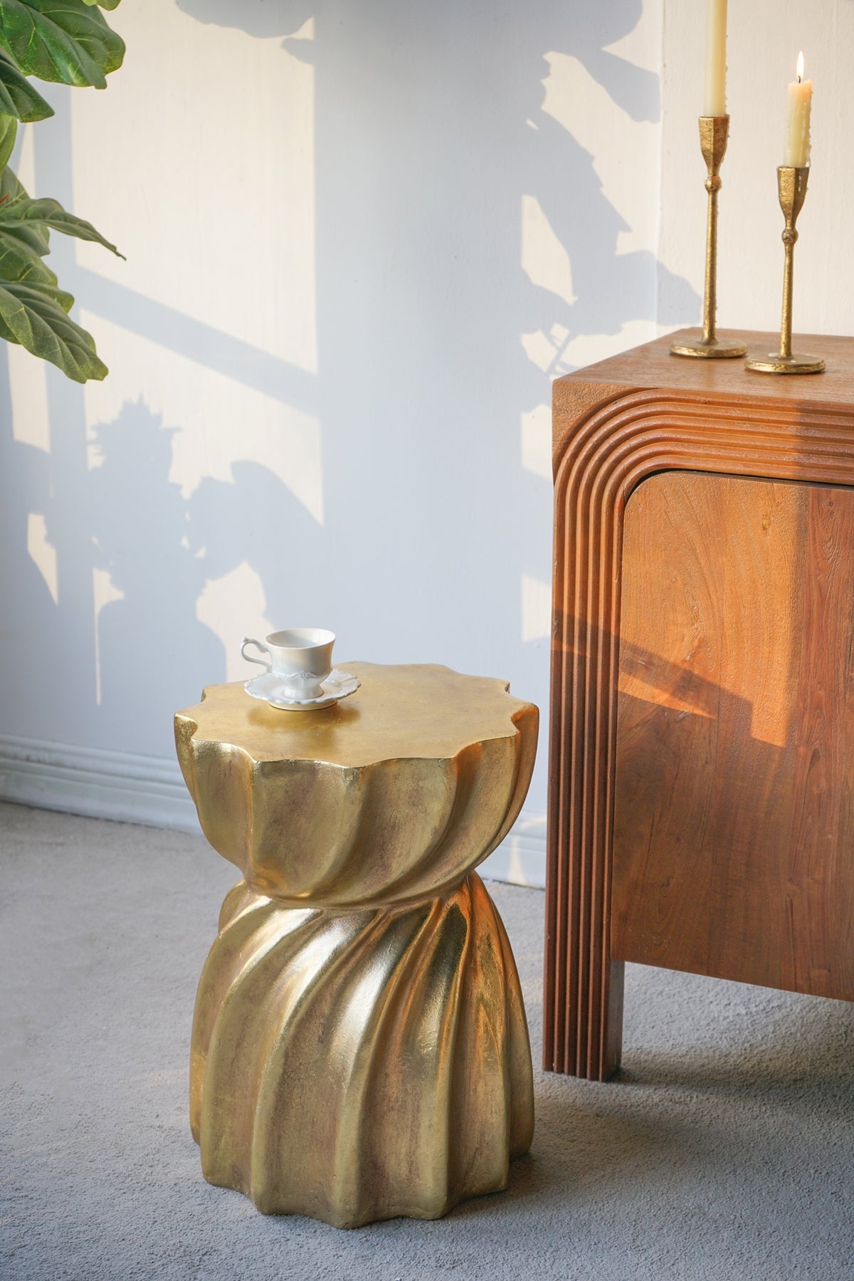 Gold Magnesium Accent Stool/Side Table with Sculptural Swirl Design
