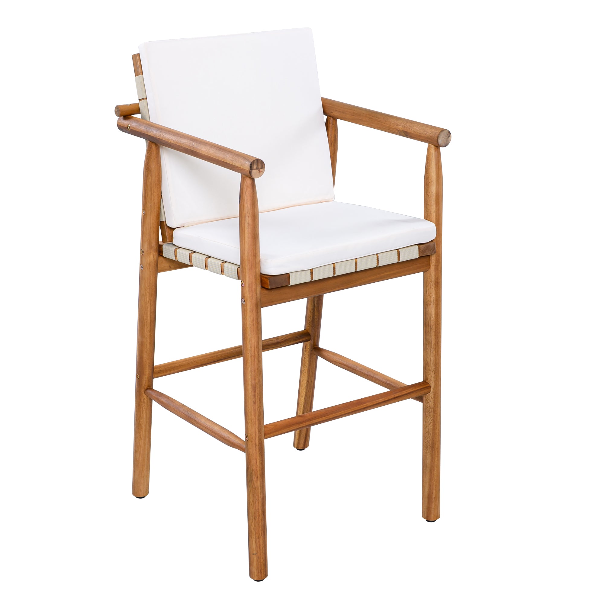 Modern Outdoor Patio Acacia Wooden Counter Height Bar Stools with Backrest Arm and Webbing Seat with Cushions, Set of 2