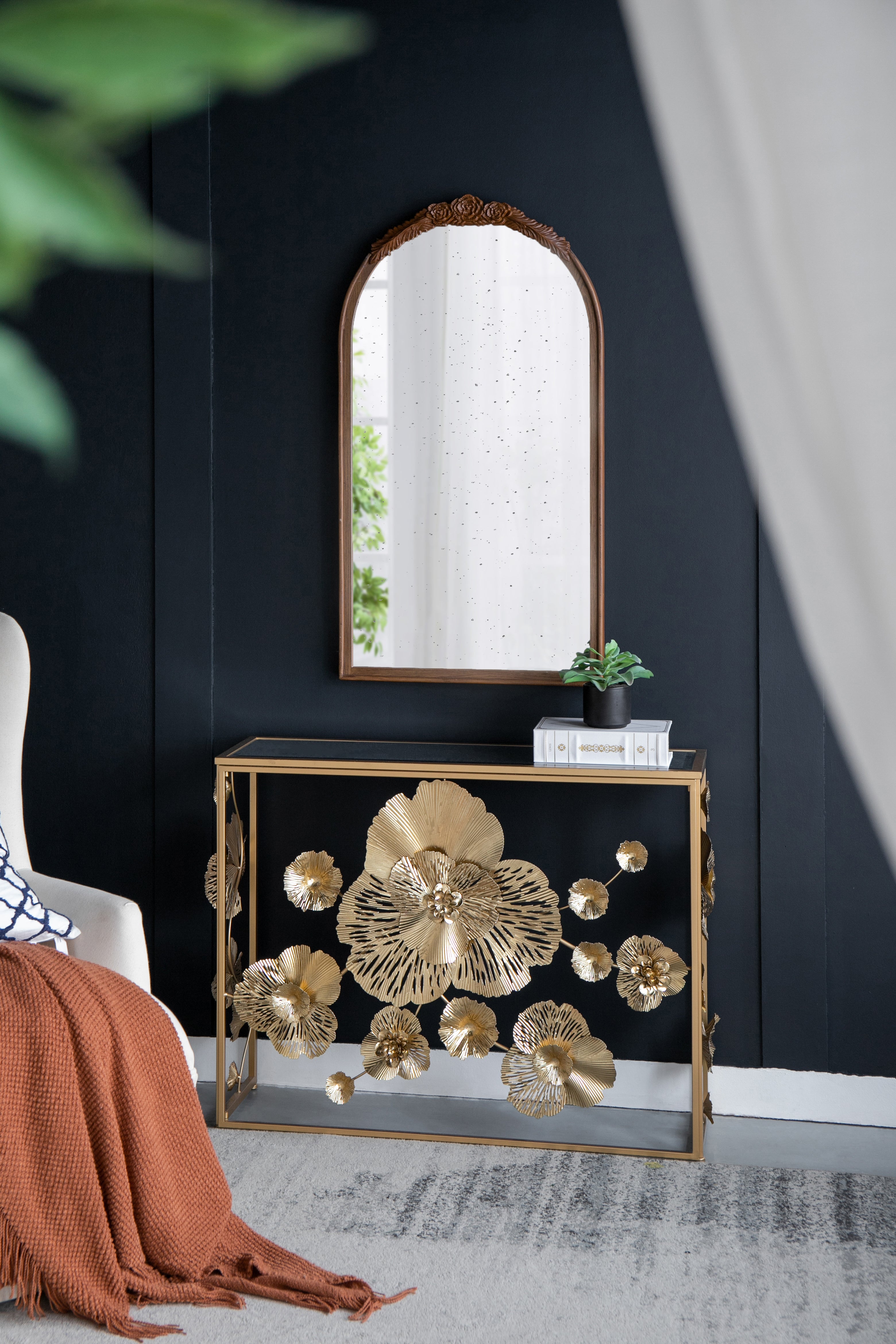 Console Table with Mirrored Glass Top and Floral Design