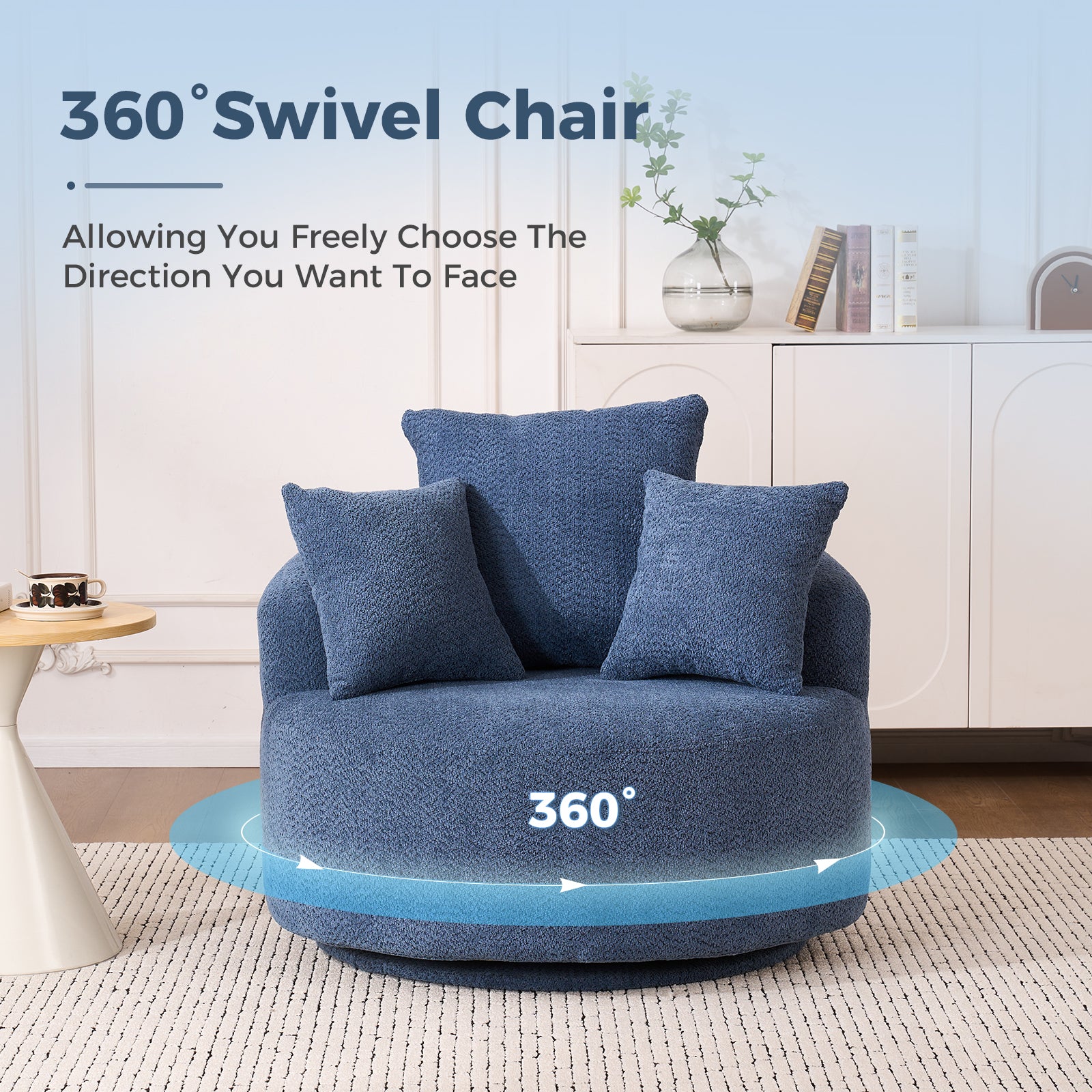 Round Armless Barrel Swivel Accent Chair with 3 Pillows